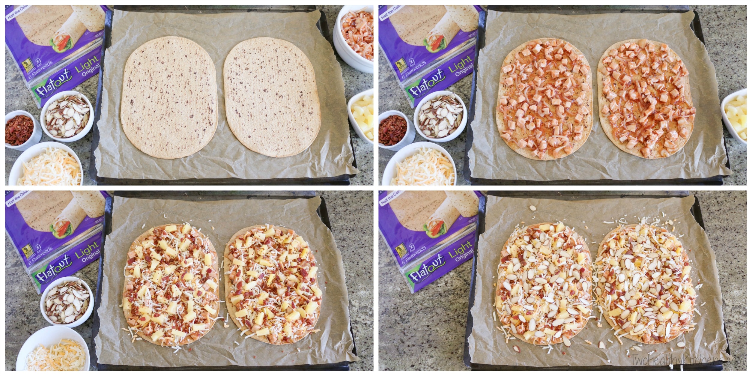 Collage of 4 photos showing steps in layering toppings to make the flatbreads.