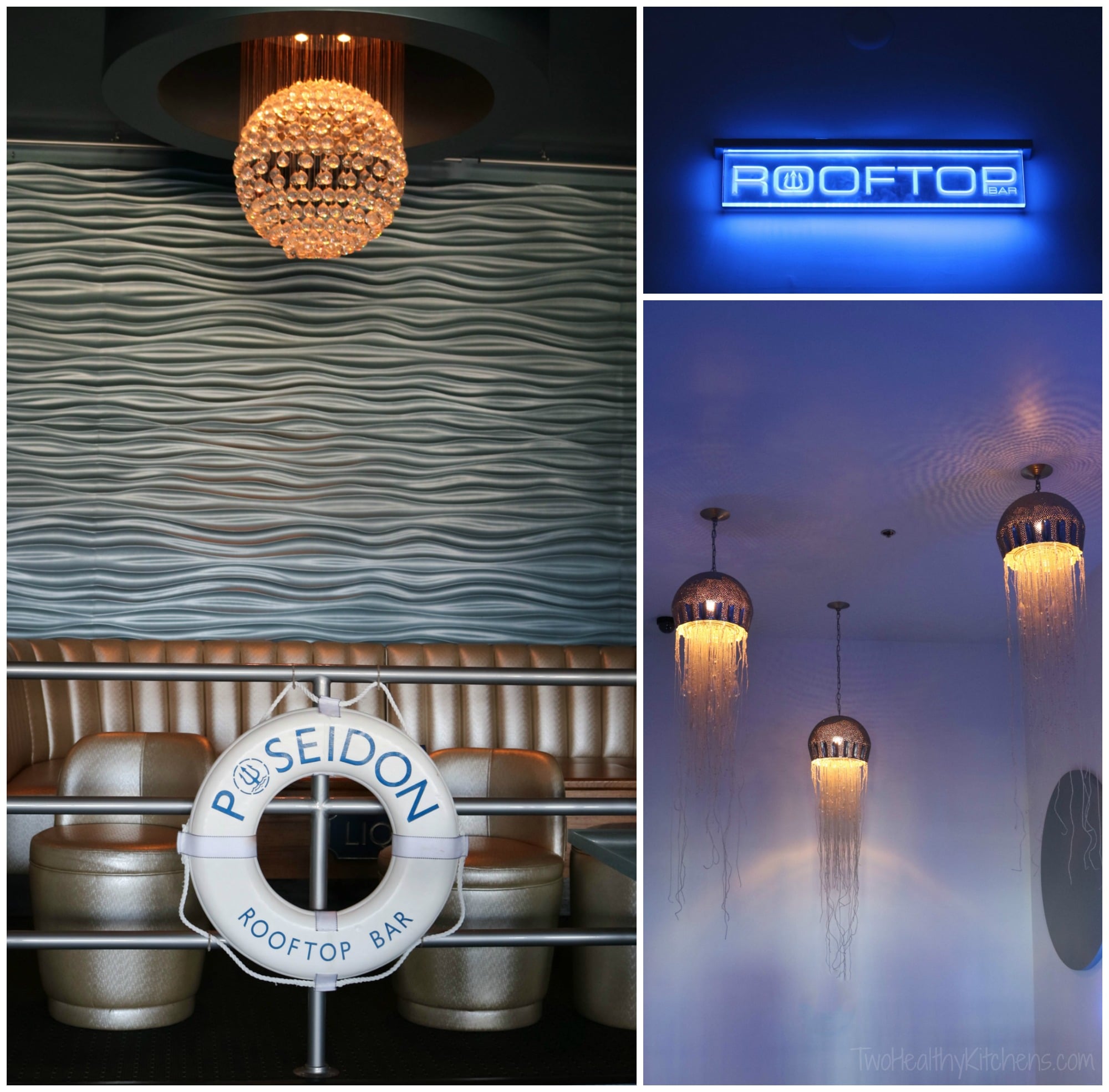 Collage of 3 photos of Poseidon's Rooftop Bar.