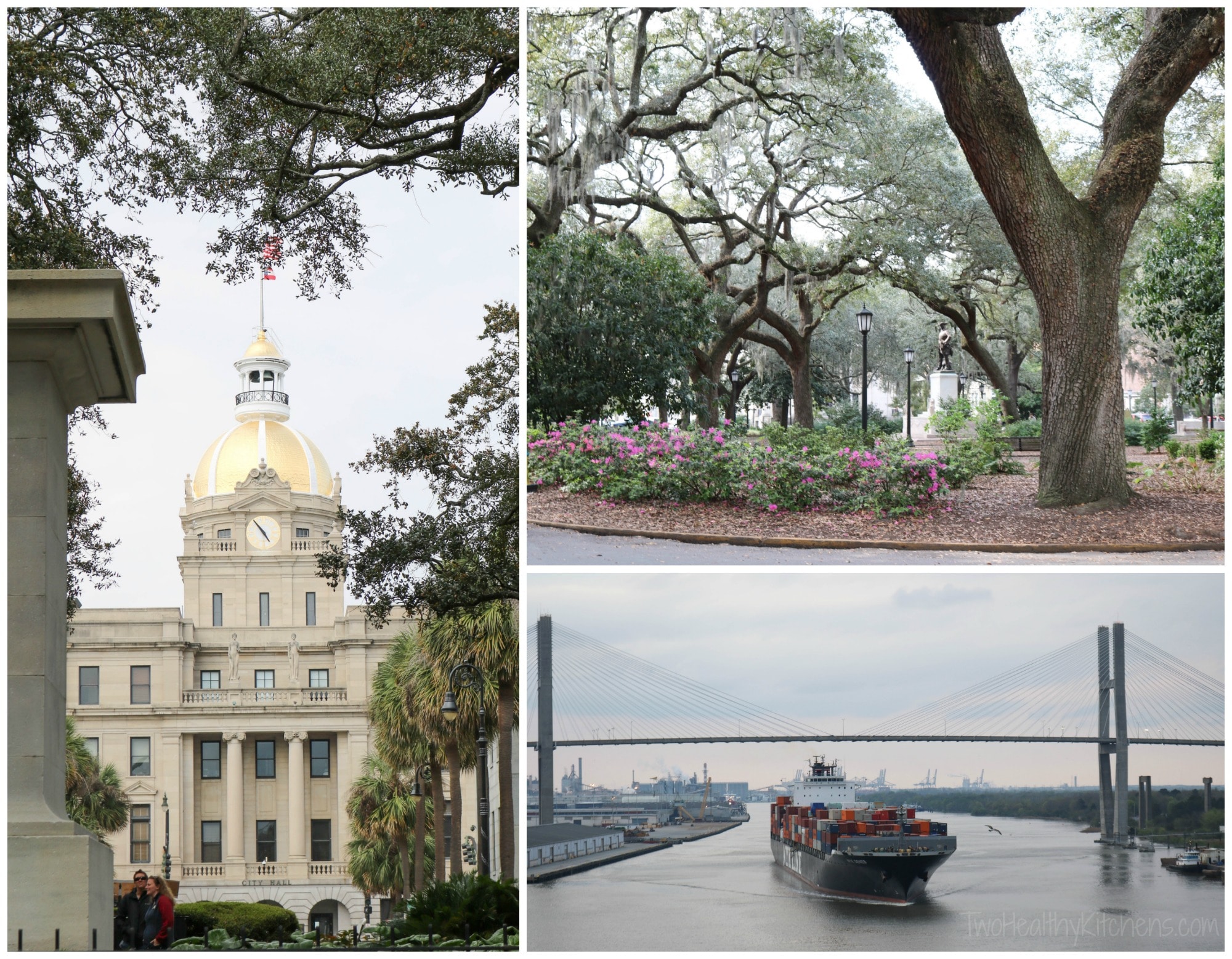 Collage of 3 scenic Savannah photos: gold-domed building, park and ship passing under bridge.