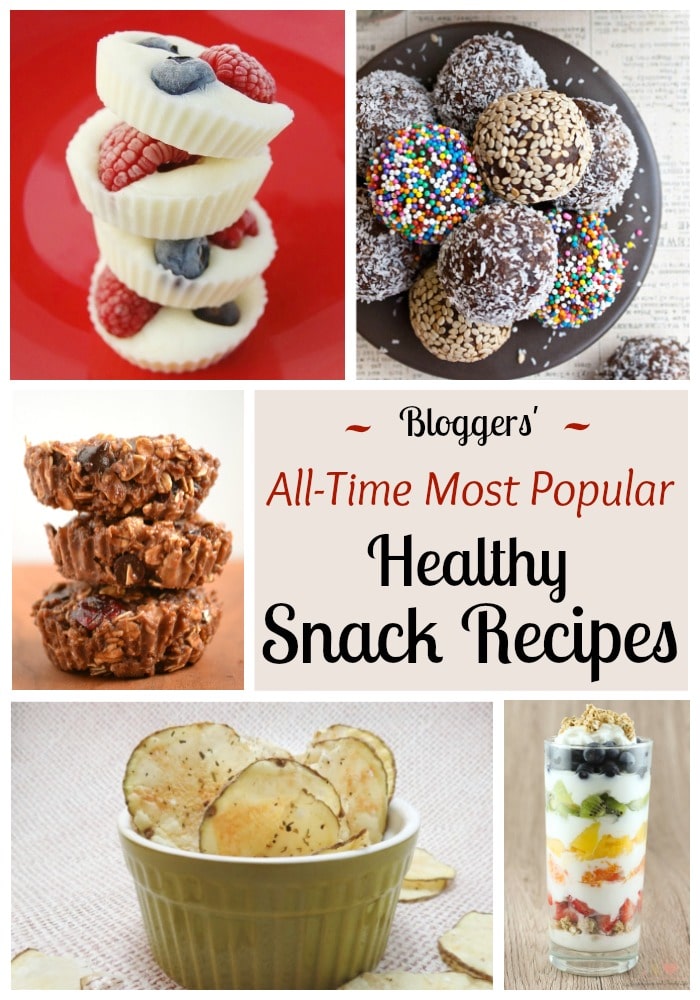 Pinnable collage of 5 recipes with text "Bloggers' All-Time Most Popular Healthy Snack Recipes".