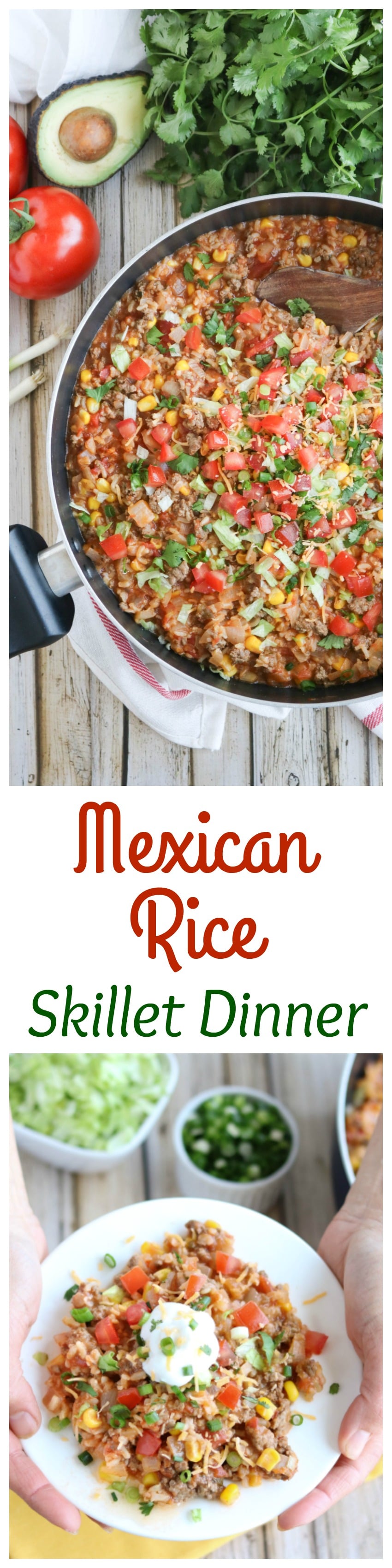 A fun, easy way to shake up the typical Taco night! This Mexican Rice Skillet Dinner is ready in just 30 minutes! Loaded with yummy Tex-Mex flavor, it’s a quick, one-pot dinner recipe your whole family will love! | www.TwoHealthyKitchens.com