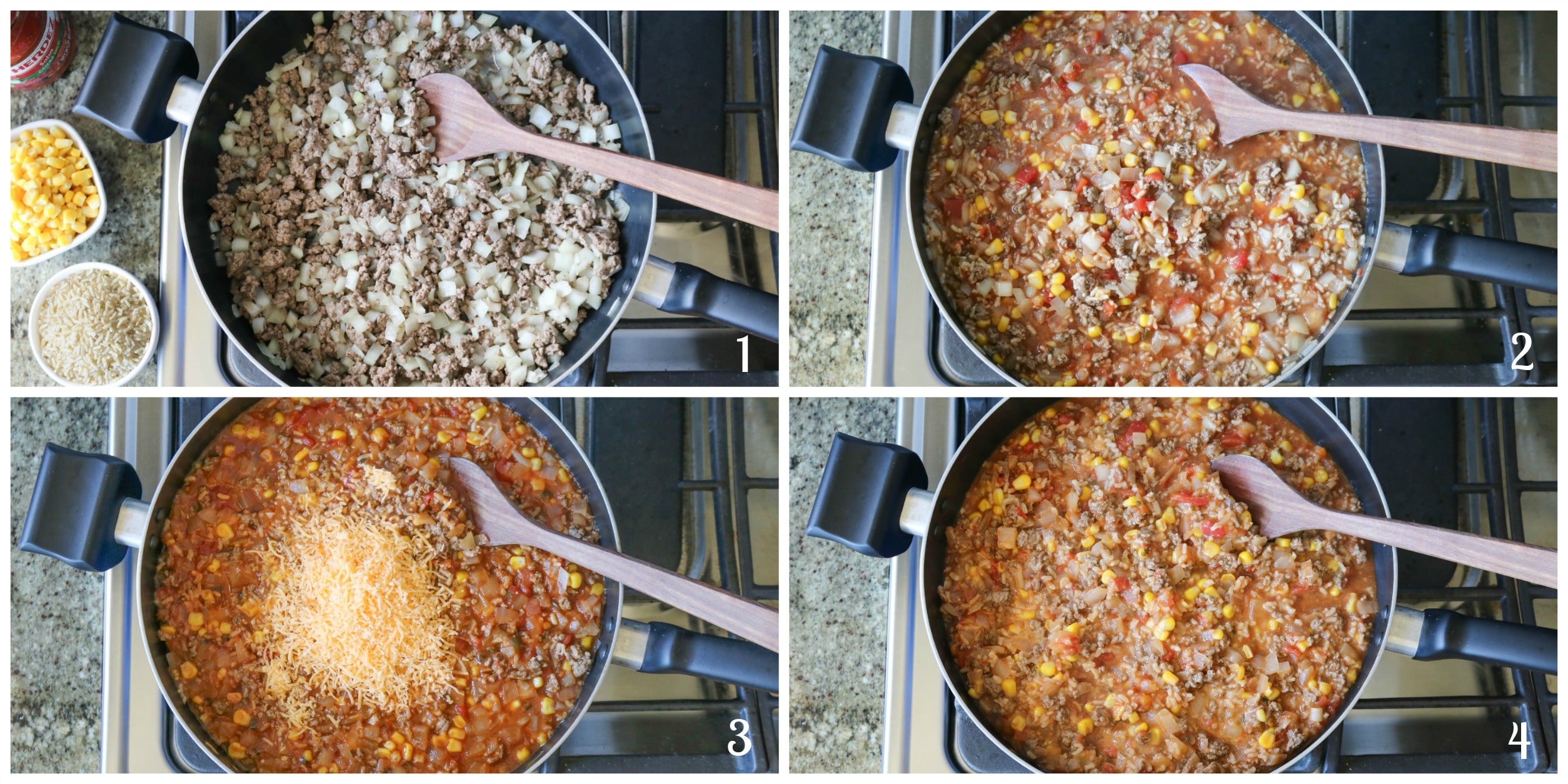 Collage of 4 photos showing steps in cooking this Mexican beef and rice dinner.