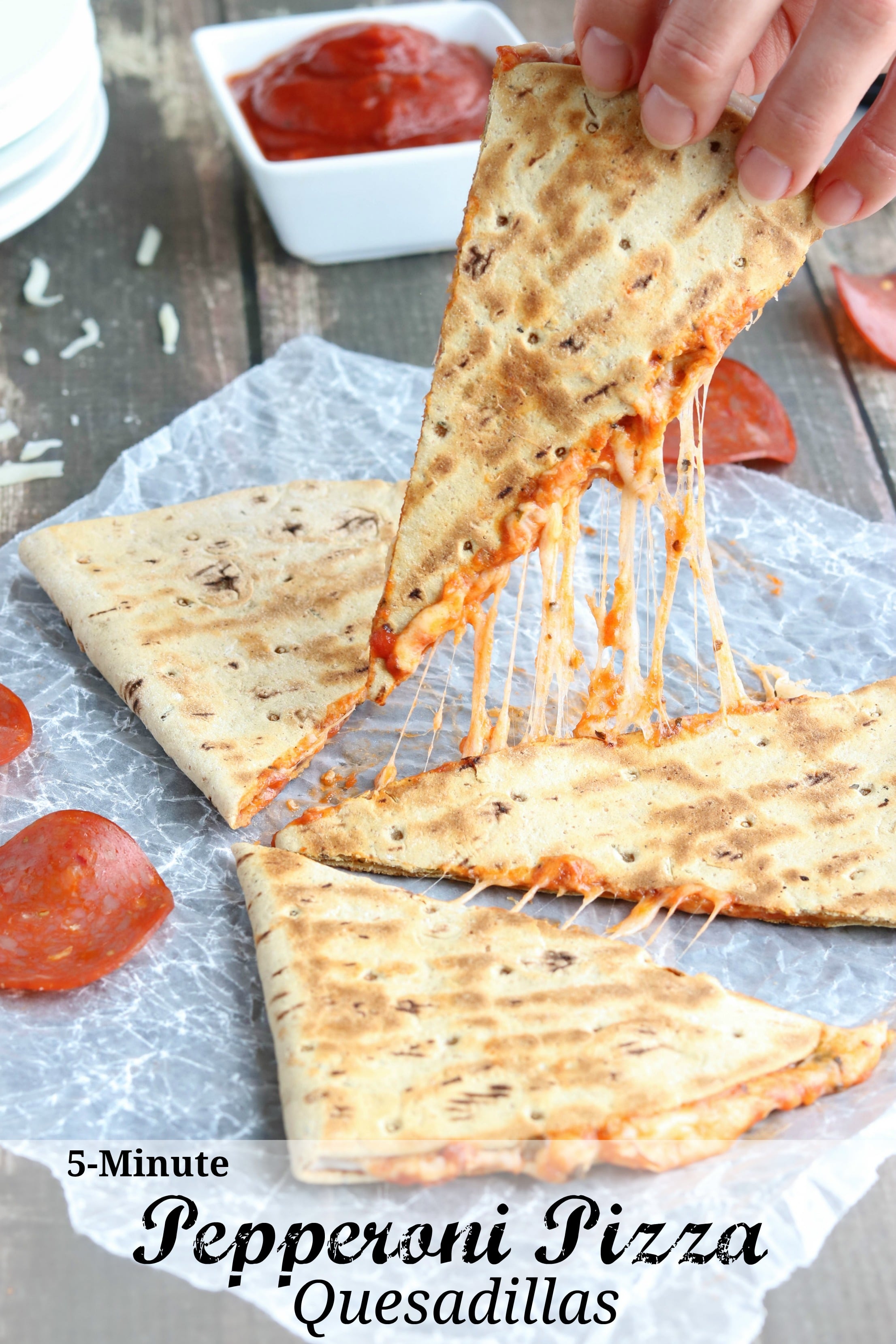 This easy Pepperoni Pizza Quesadilla recipe takes just minutes! With fiber-rich whole grains and lots of protein, it’s perfect as a quick meal or a hearty power snack! {ad} | www.TwoHealthyKitchens.com