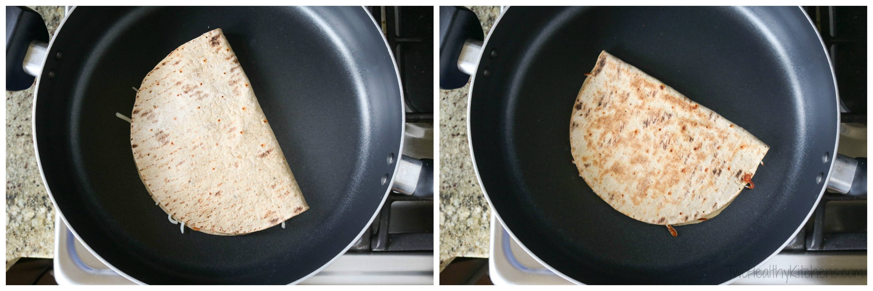 Collage of 2 photos showing quesadilla cooking in pan, before and after it's golden and toasted.