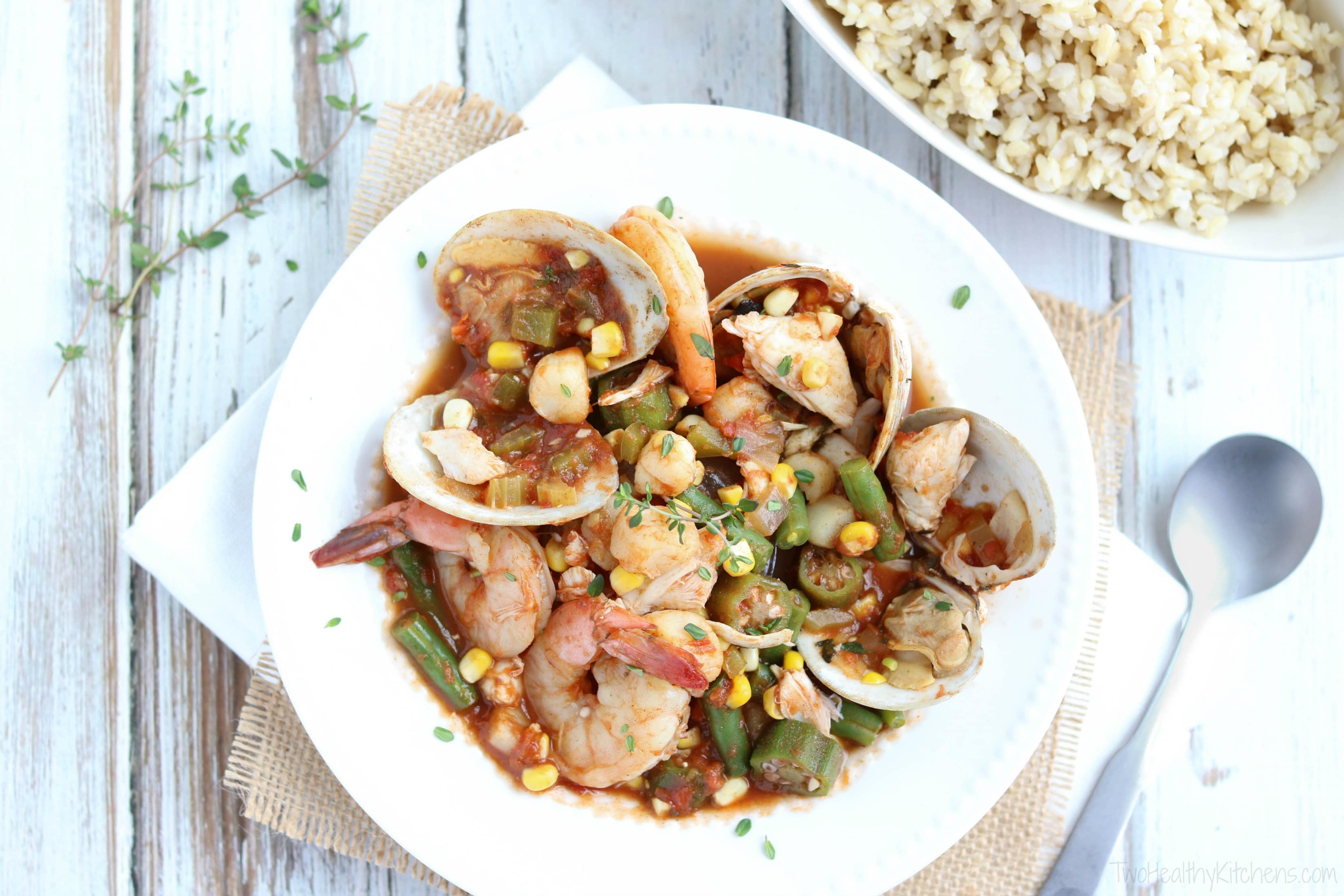 This Sea Island Seafood Stew is a showstopper for dinner parties! But with lots of make-ahead steps, it's also an easy family meal ... perfect when you need a little bit of beach in your life! It’s a mainstay on the menu at the hugely popular Skull Creek Boathouse in Hilton Head, South Carolina. | www.TwoHealthyKitchens.com