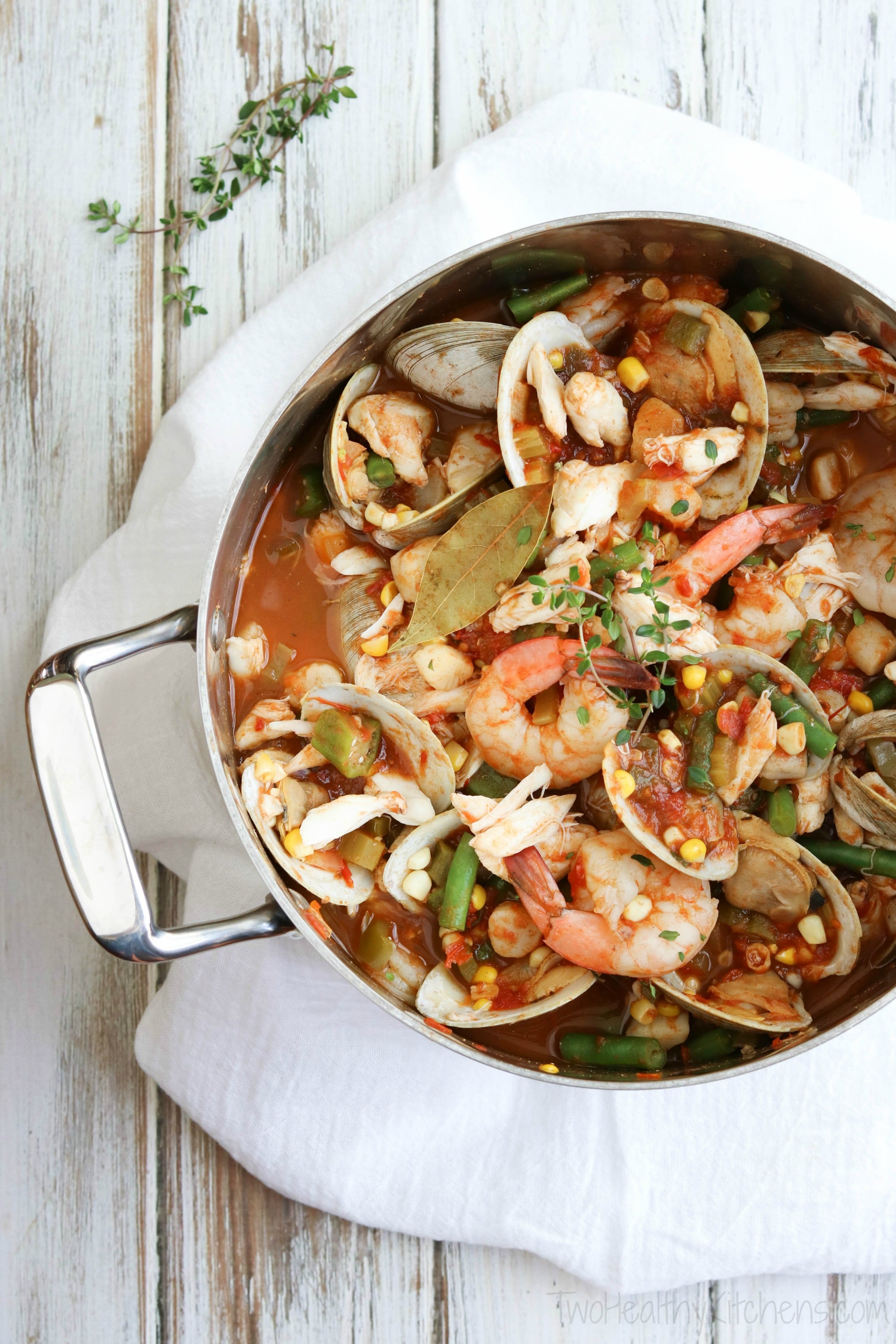 This Sea Island Seafood Stew is a showstopper for dinner parties! But with lots of make-ahead steps, it's also an easy family meal ... perfect when you need a little bit of beach in your life! It’s a mainstay on the menu at the hugely popular Skull Creek Boathouse in Hilton Head, South Carolina. | www.TwoHealthyKitchens.com