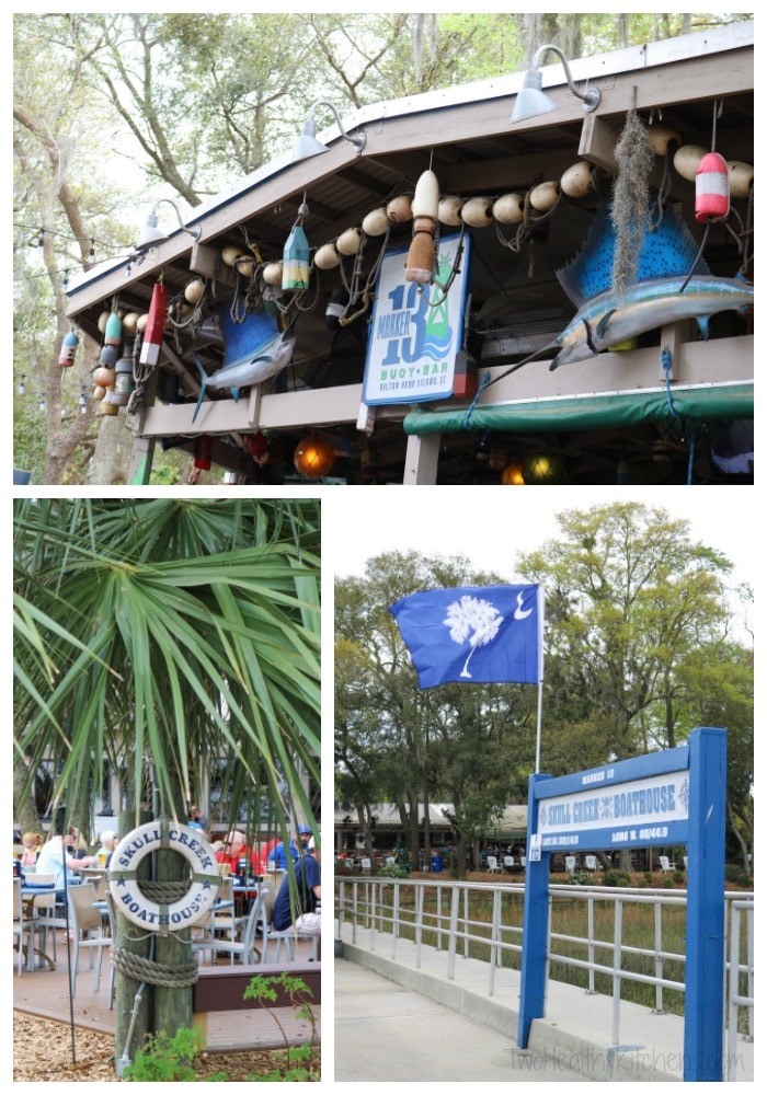 Collage of 3 photos of signs, life preservers and other decoration details at Skull Creek Boat House restaurant.