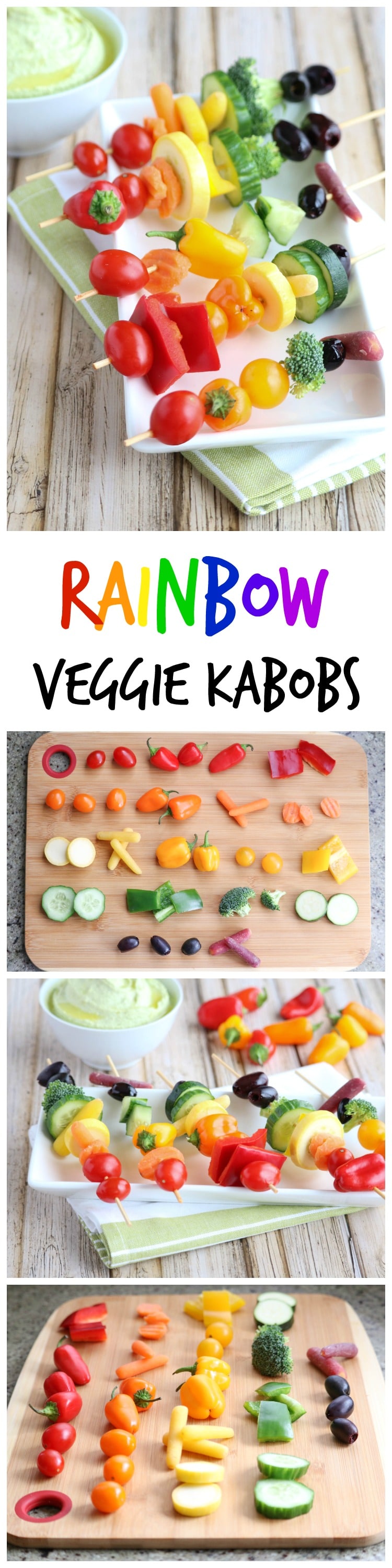 These Rainbow Veggie Kabobs are so much more fun than veggies and dip on that plain-old veggie tray! Perfect for picnics and parties! And a great way to inspire kids to eat more veggies - they’ll love creating their own! | www.TwoHealthyKitchens.com