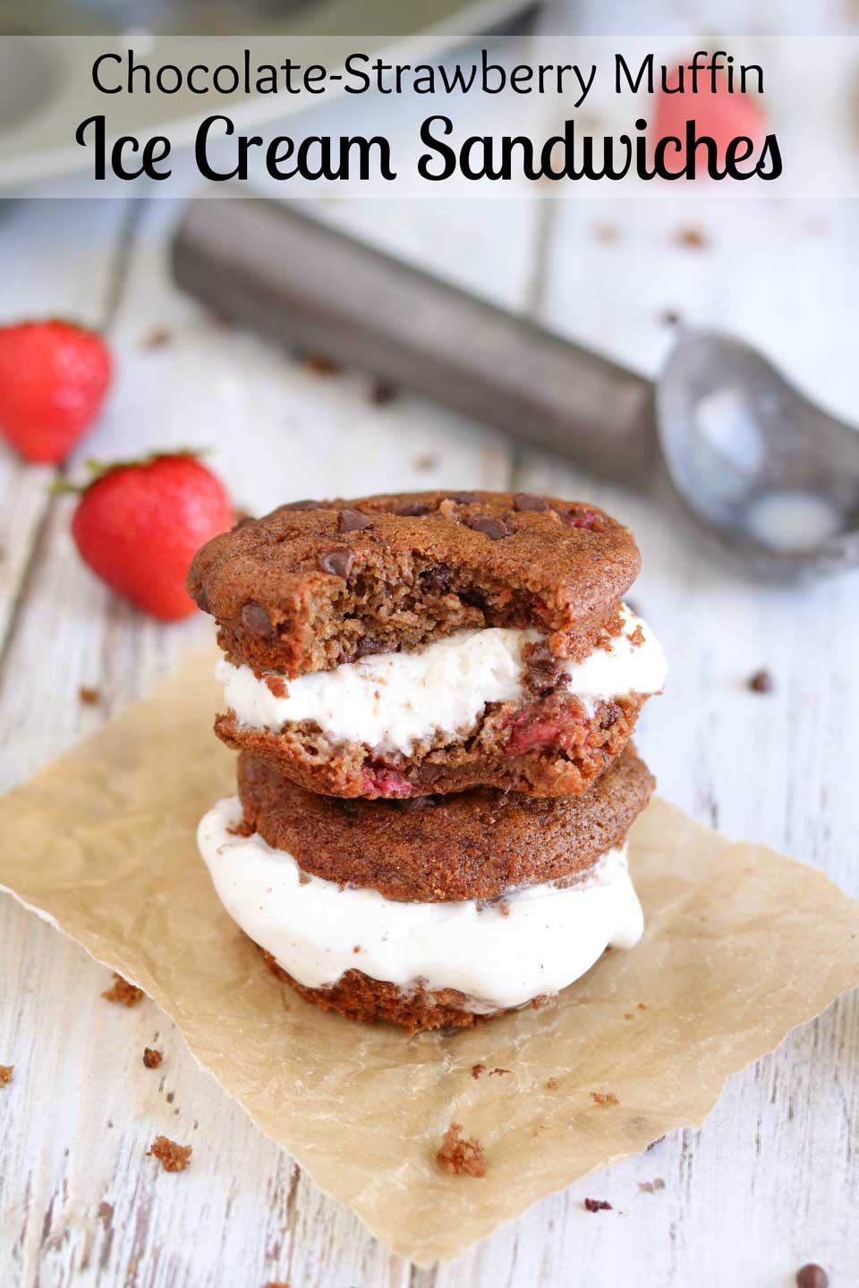 Take delicious, healthy breakfast muffins … add ice cream … and you’ve got a decadent dessert! Muffin ice cream sandwiches! Bursting with fresh strawberries and double chocolate! One batch of muffins = two great recipes! | www.TwoHealthyKitchens.com