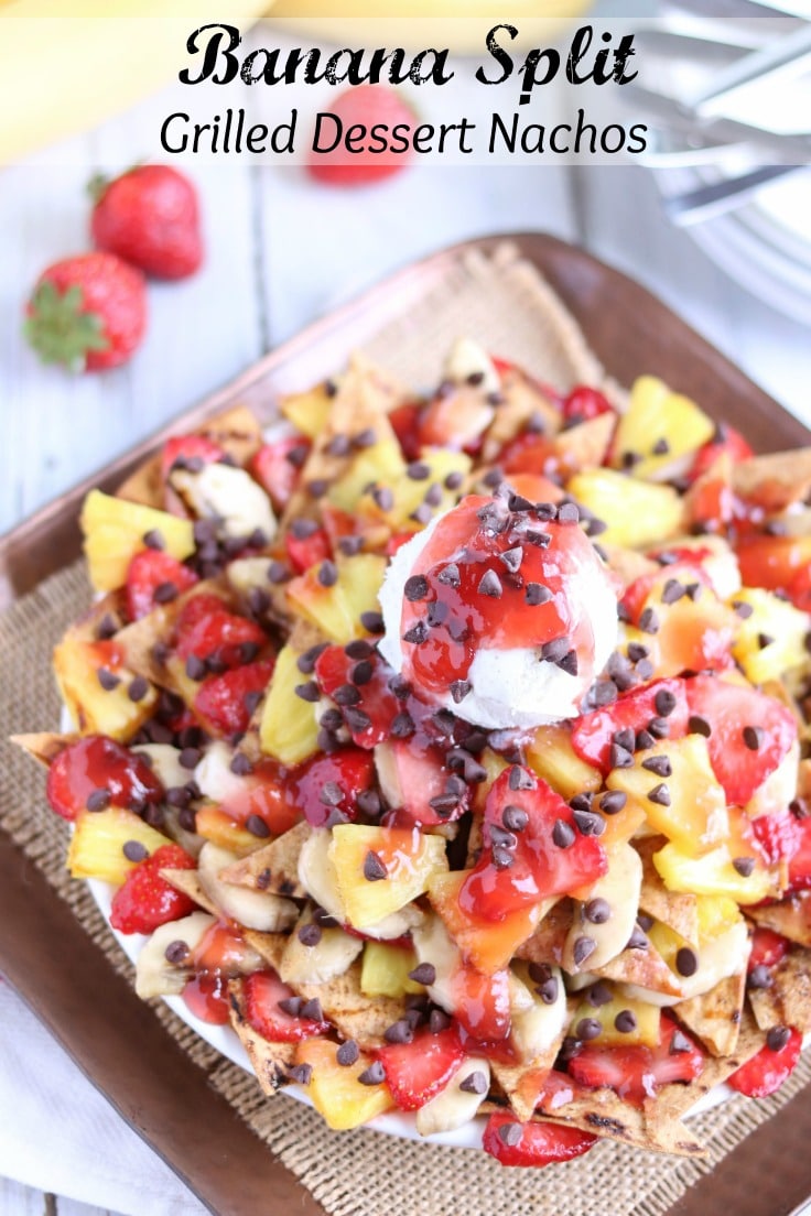 An easy, fun, and surprisingly healthy dessert! This unique dessert nachos recipe has all the flavors of a classic banana split! Crispy, sweetened "nacho chips," caramelized fruit, and a delicious strawberry sauce! Even better with a little scoop of ice cream! A simple yet decadent family favorite! {ad} | www.TwoHealthyKitchens.com