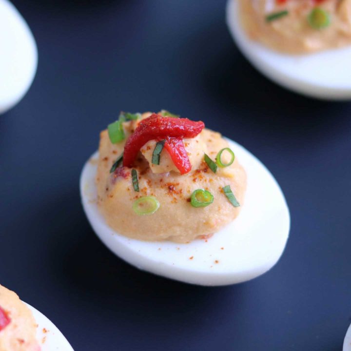 Mediterranean Deviled Egg Recipe with Roasted Red Pepper Hummus