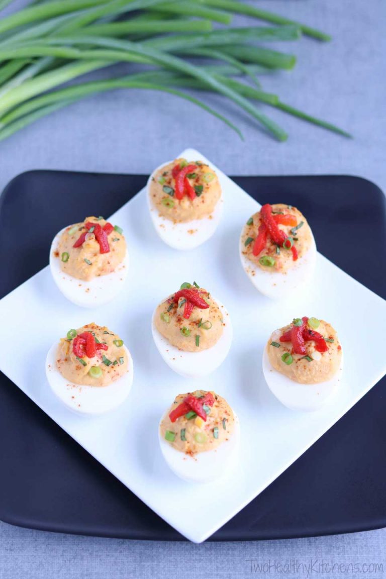 Mediterranean Deviled Egg Recipe with Roasted Red Pepper Hummus