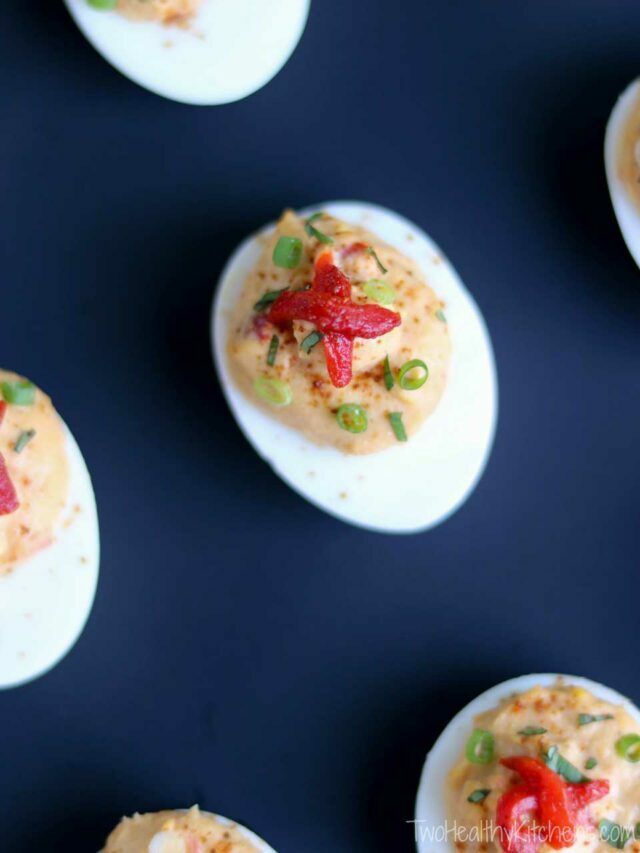 Mediterranean Deviled Egg Recipe with Roasted Red Pepper Hummus Story