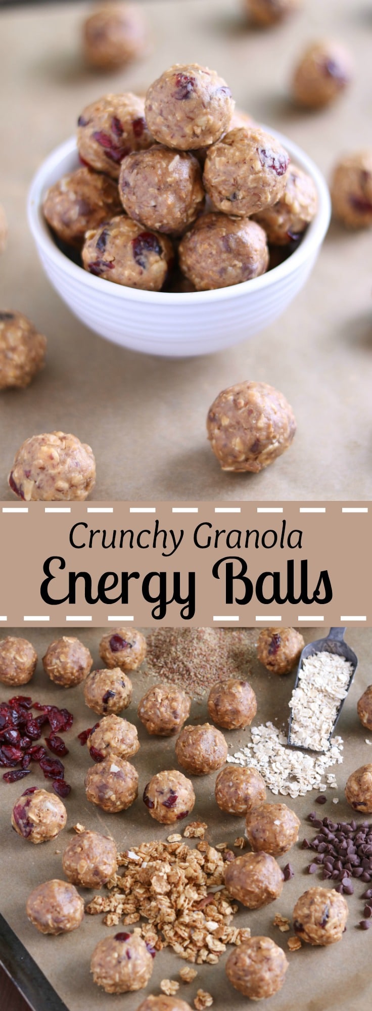 Freezable, no-bake Energy Balls with protein and whole grains! These Crunchy Granola Snack Bites will keep you satisfyingly full and power you through whatever the day might hold. A perfect healthy snack recipe, or a grab-and-go, make-ahead breakfast recipe! With peanut butter, oats, flax, and granola, plus dried fruit or chocolate chips - these energy bites are crunchy, chewy, and delicious! A healthy recipe with a few simple ingredients you probably have on hand! | www.TwoHealthyKitchens.com