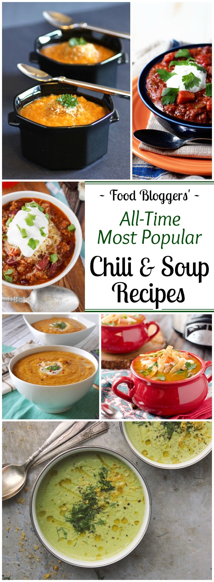 Big flavors and nourishing ingredients - perfect comfort food! These all-time most popular chili and soup recipes are bloggers’ best – and such easy dinner recipes for fall and winter! From vegetarian and vegan recipes (great for Meatless Monday), to classics like turkey chili and chicken tortilla soup! Even some slow cooker crockpot recipes! Yummy, healthy recipes your whole family will love! These soup and chili recipes prove that comfort food can be healthy, too! | www.TwoHealthyKitchens.com