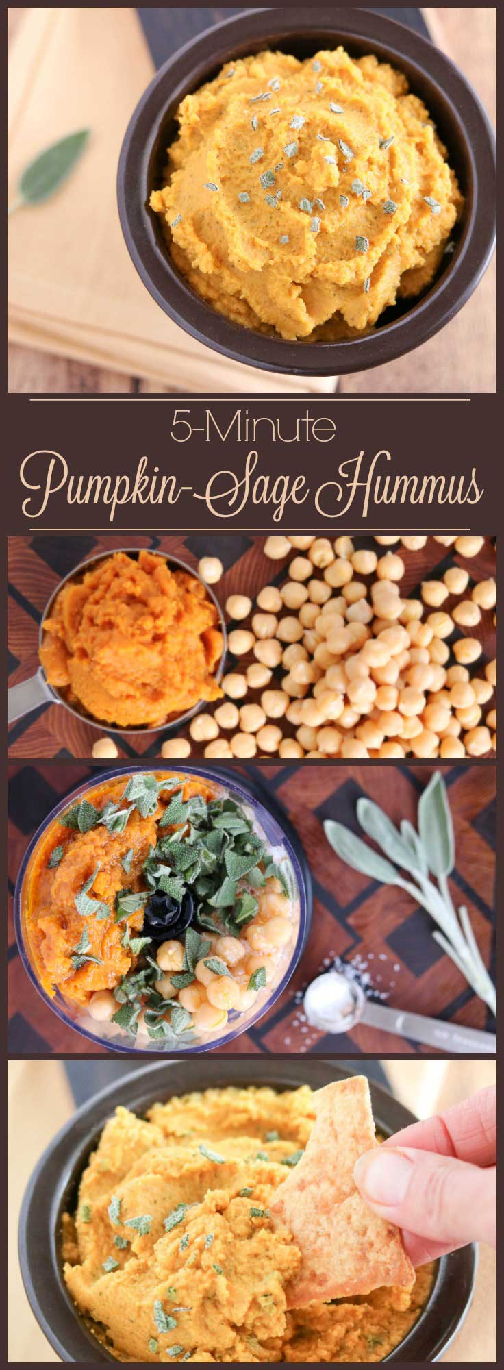 Just 5 ingredients, ready in 5 minutes flat! This delicious Savory Pumpkin Hummus is filled with the rich, comforting flavors of pumpkin and sage. It's an ideal Halloween snack, Thanksgiving appetizer, or holiday hors d’oeuvre. A quick, healthy appetizer recipe that can even be made ahead! Perfect for parties, and for snacking – a healthy hummus recipe that’s great anytime! If you’re looking for pumpkin recipes, this is a must-try! | www.TwoHealthyKitchens.com