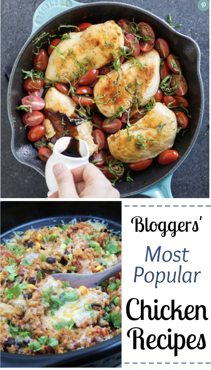 Image with two of the recipes and text "Bloggers' Most Popular Chicken Recipes".