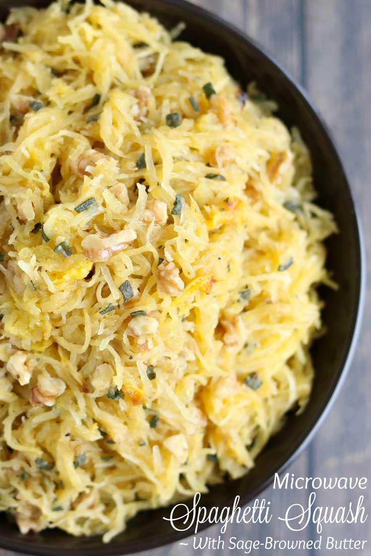 This fantastic recipe for Microwave Spaghetti Squash is easy enough for weeknights, but impressive enough for Thanksgiving dinner and holiday buffets! Rich browned butter with crunchy, toasted walnuts and fragrant sage - amazing! With just 5 ingredients, this easy spaghetti squash recipe is a total snap – yet surprisingly, satisfyingly delicious! Lots of easy tips, too – toasting nuts, browning butter, cooking spaghetti squash perfectly, and stuffed spaghetti squash! | www.TwoHealthyKitchens.com