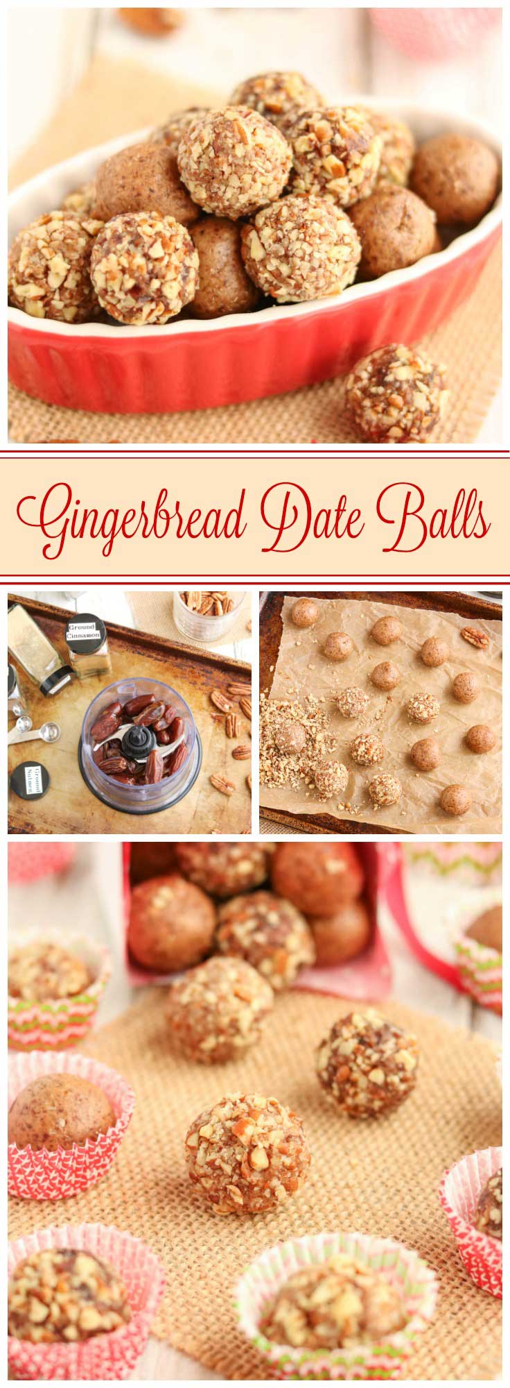 Easy no-bake holiday treats! These delicious Gingerbread Date Balls take just minutes to make! They’re filled with yummy, holiday gingerbread spices - indulgent enough for holiday desserts or for pretty Christmas cookie trays, yet nutritious enough for a healthy snack! No guilt in these little indulgences! Bonus: since this date ball recipe is so quick and can be made ahead and frozen, it’s perfect for last-minute, homemade DIY gifts, too! Can be made nut-free. | www.TwoHealthyKitchens.com
