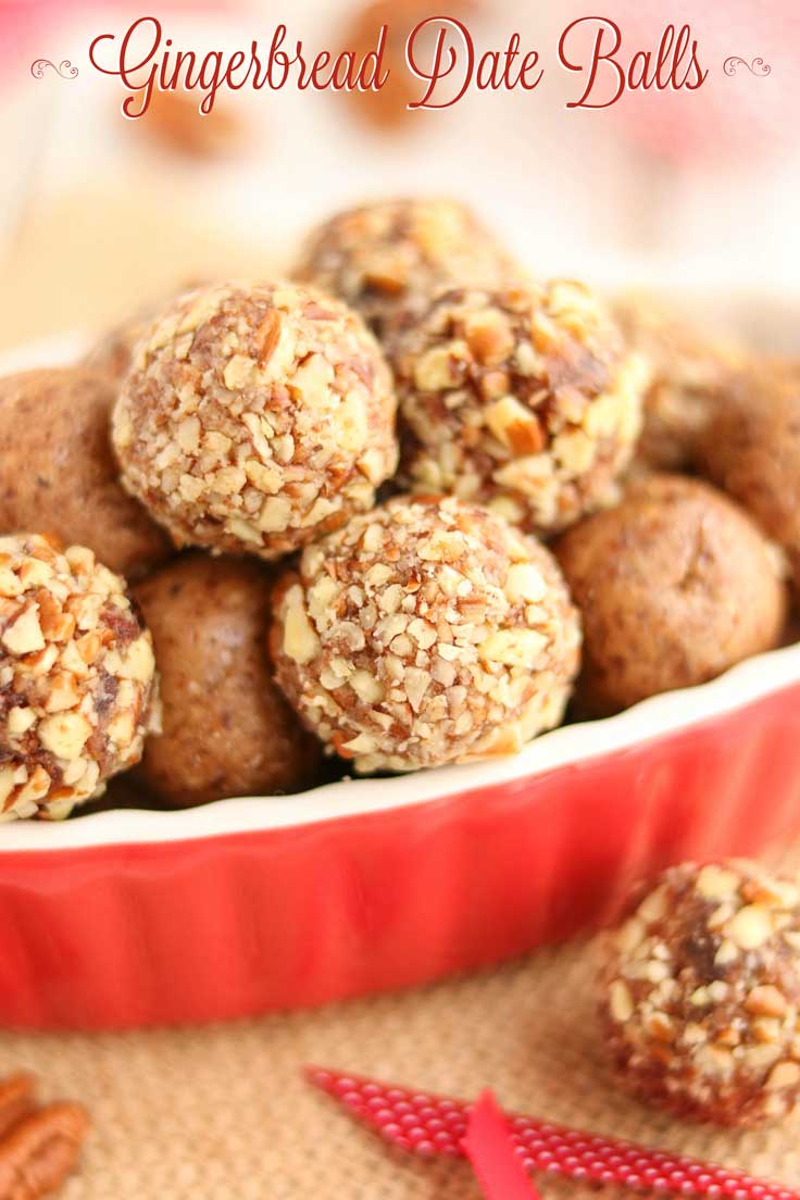 Easy no-bake holiday treats! These delicious Gingerbread Date Balls take just minutes to make! They’re filled with yummy, holiday gingerbread spices - indulgent enough for holiday desserts or for pretty Christmas cookie trays, yet nutritious enough for a healthy snack! No guilt in these little indulgences! Bonus: since this date ball recipe is so quick and can be made ahead and frozen, it’s perfect for last-minute, homemade DIY gifts, too! Can be made nut-free. | www.TwoHealthyKitchens.com