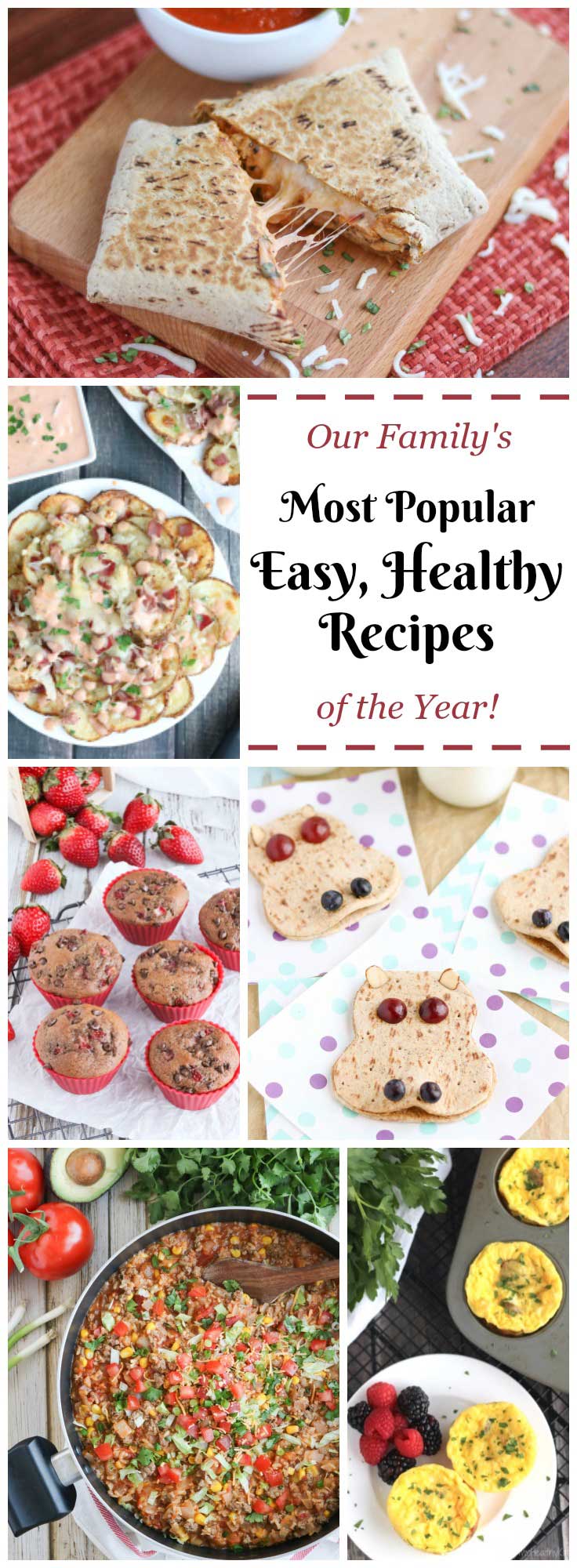 Easy, healthy recipes your whole family will love! These favorite recipes are absolute must-tries – our most popular recipes of the year! From the runaway hit recipe for our Chicken Parmesan Wraps to Crustless Breakfast Quiche Cups, a fast Taco Skillet Dinner … and even 2-Ingredient Dog Treats! These easy recipes are healthy and delicious, and so quick and easy, too! Easy weeknight dinners, make-ahead breakfasts, grab-and-go meals, freezer meals, and more! | www.TwoHealthyKitchens.com