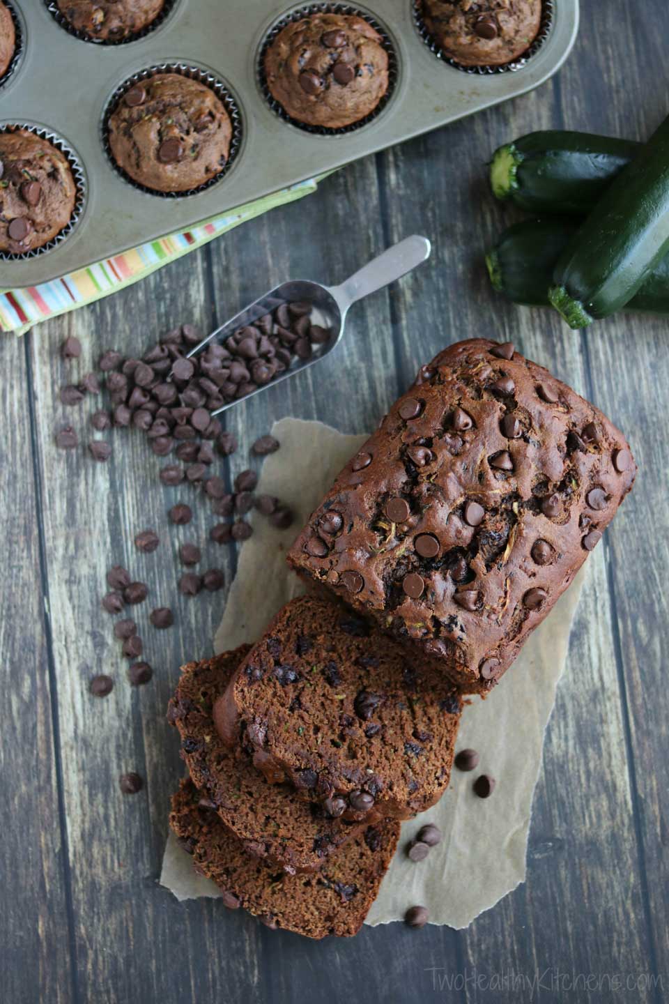 Luscious cherries & two layers of chocolate flavor! This decadent, rich Chocolate Zucchini Bread is dense, luxuriously moist, and studded with chocolate chips. Truly a chocolate lover's dream! And it’s a healthy zucchini bread recipe full of whole grains and very little extra fats! For quicker baking, this is a perfect zucchini muffin recipe, too! And this easy zucchini bread freezes beautifully – make a double batch to freeze for later, or to give as homemade gifts! | www.TwoHealthyKitchens.com