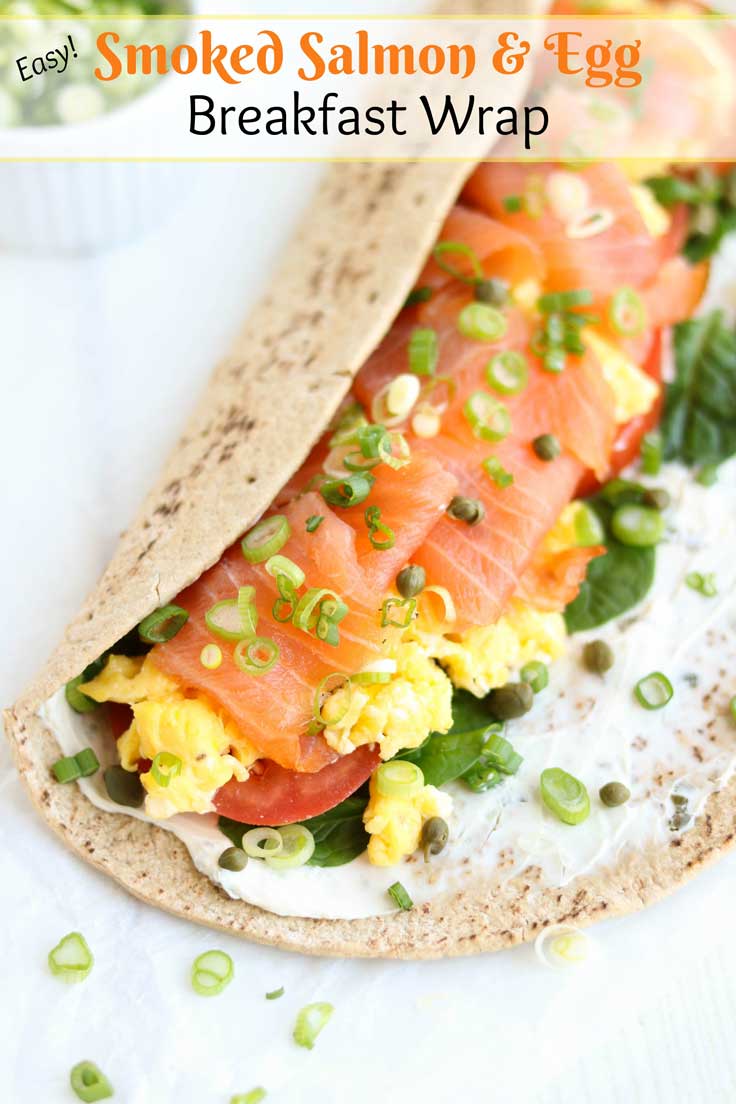 Ready in just minutes! Warm, fluffy eggs with luxurious smoked salmon, velvety cream cheese, and bright, fresh veggies – deliciously layered in this super-fast Smoked Salmon Breakfast Wrap that'll have you out the door in no time! Full of protein, fiber and veggies, it's absolutely delicious and also nutritious enough to keep you powered up all morning long! With luxurious smoked salmon, this easy breakfast wrap recipe is an upscale twist on typical egg wraps! {ad} | www.TwoHealthyKitchens.com 