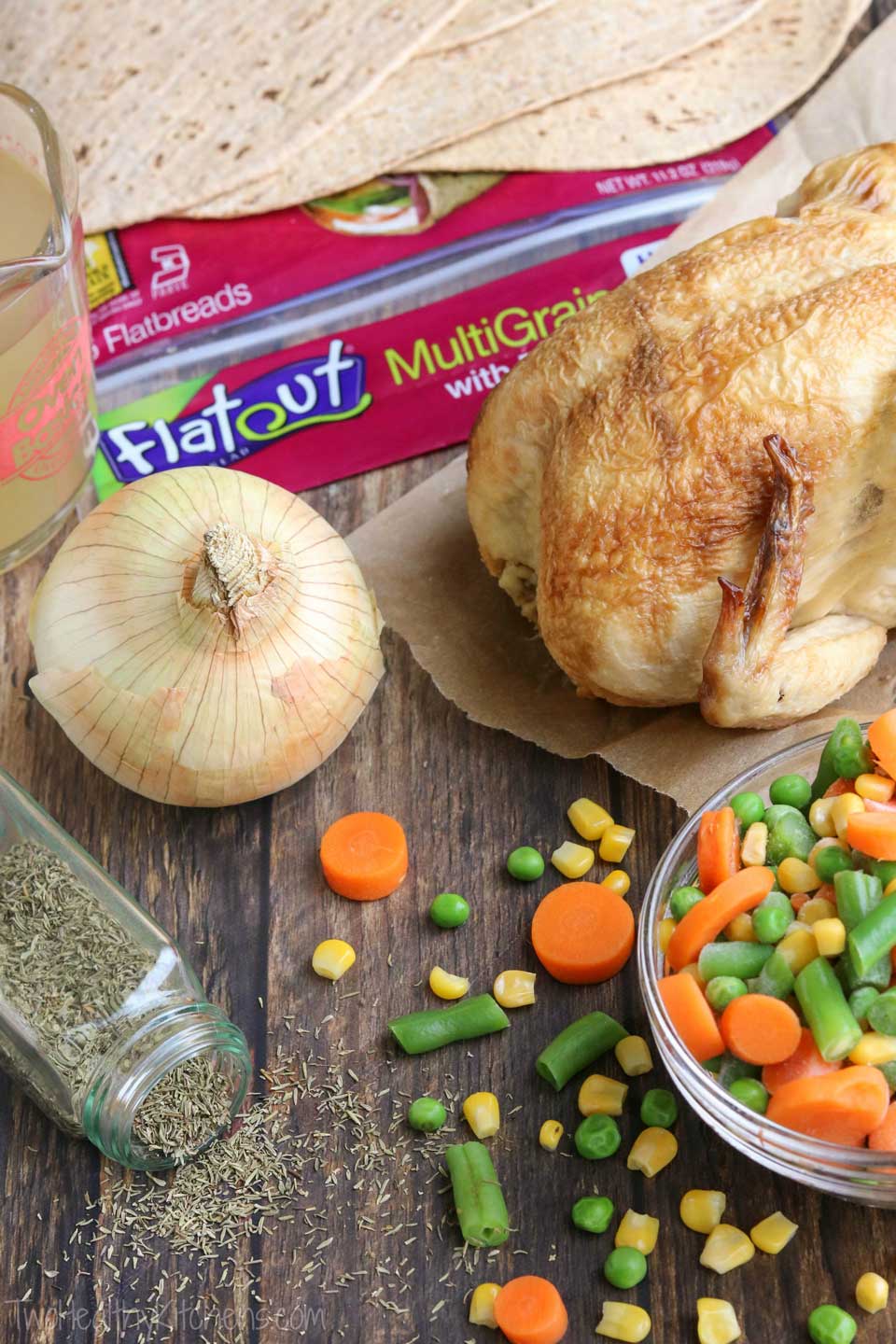 This healthy, easy chicken pot pie recipe is even easier if you start with a store-bought rotisserie chicken! The breast meat from one chicken should be about the right amount for all four of our individual chicken pot pies. 
