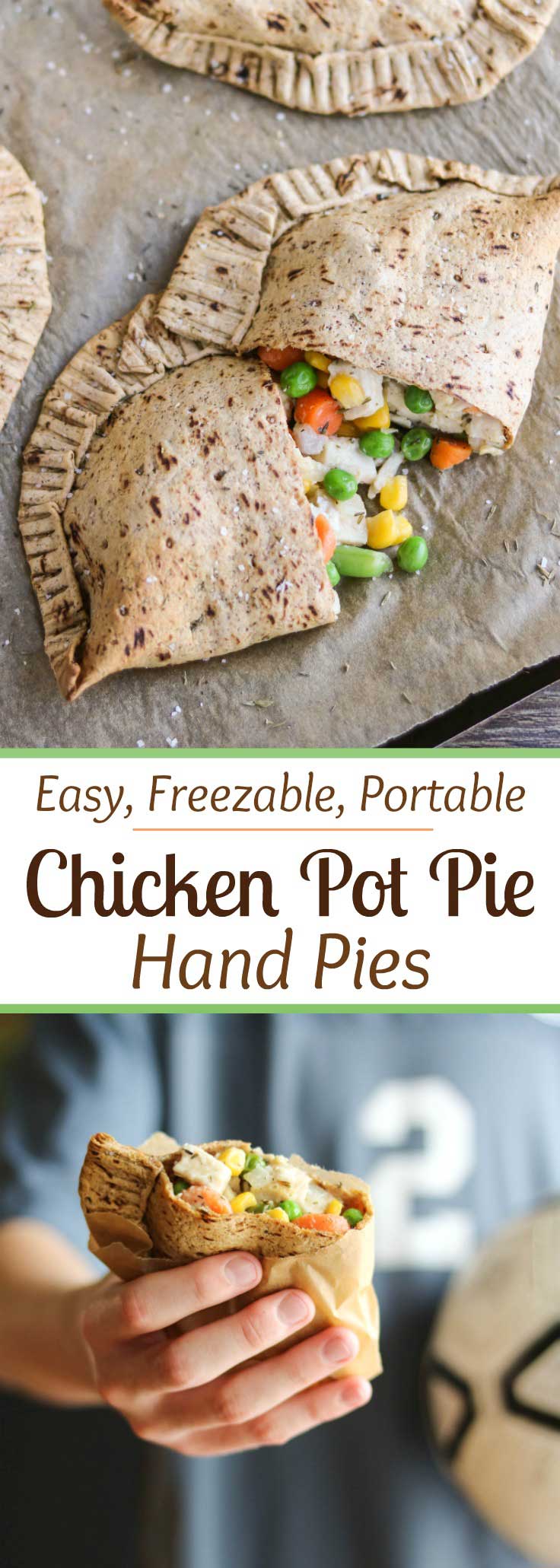 Freezable make-ahead! Perfect grab-and-go meal for busy nights! Our Easy Chicken Pot Pie Hand Pies have all the comforting, homestyle goodness of traditional chicken pot pies, but are more nutritious and totally portable. Filled with yummy (kid-friendly) veggies and chunks of tender white-meat chicken, plus a creamy (but not too messy!) sauce. All wrapped in a healthier, thyme-seasoned pot pie crust. Stock your freezer with healthy homemade "Hot Pockets"! {ad} | www.TwoHealthyKitchens.com