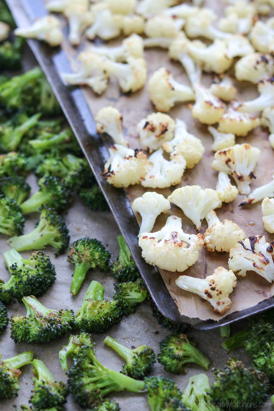 Both roasted cauliflower and roasted broccoli have loads of delicious caramelized flavor. For this pasta recipe, we roast the vegetables on separate sheet pans because the cauliflower takes slightly longer.