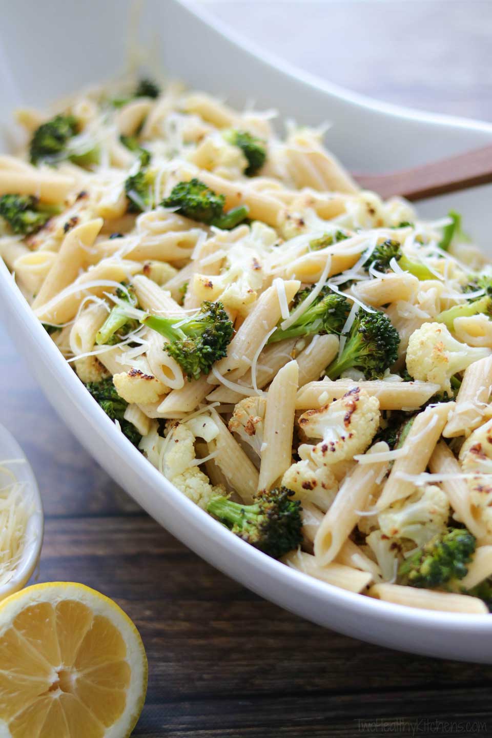 Our #1 most popular easy, healthy recipe of 2017! Roasted Broccoli and Cauliflower Pasta with Parmesan, Lemon and Garlic!
