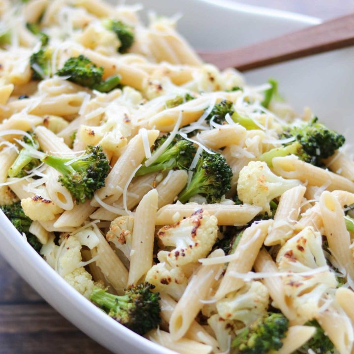 Roasted Broccoli and Cauliflower Pasta with Parmesan, Lemon and Garlic