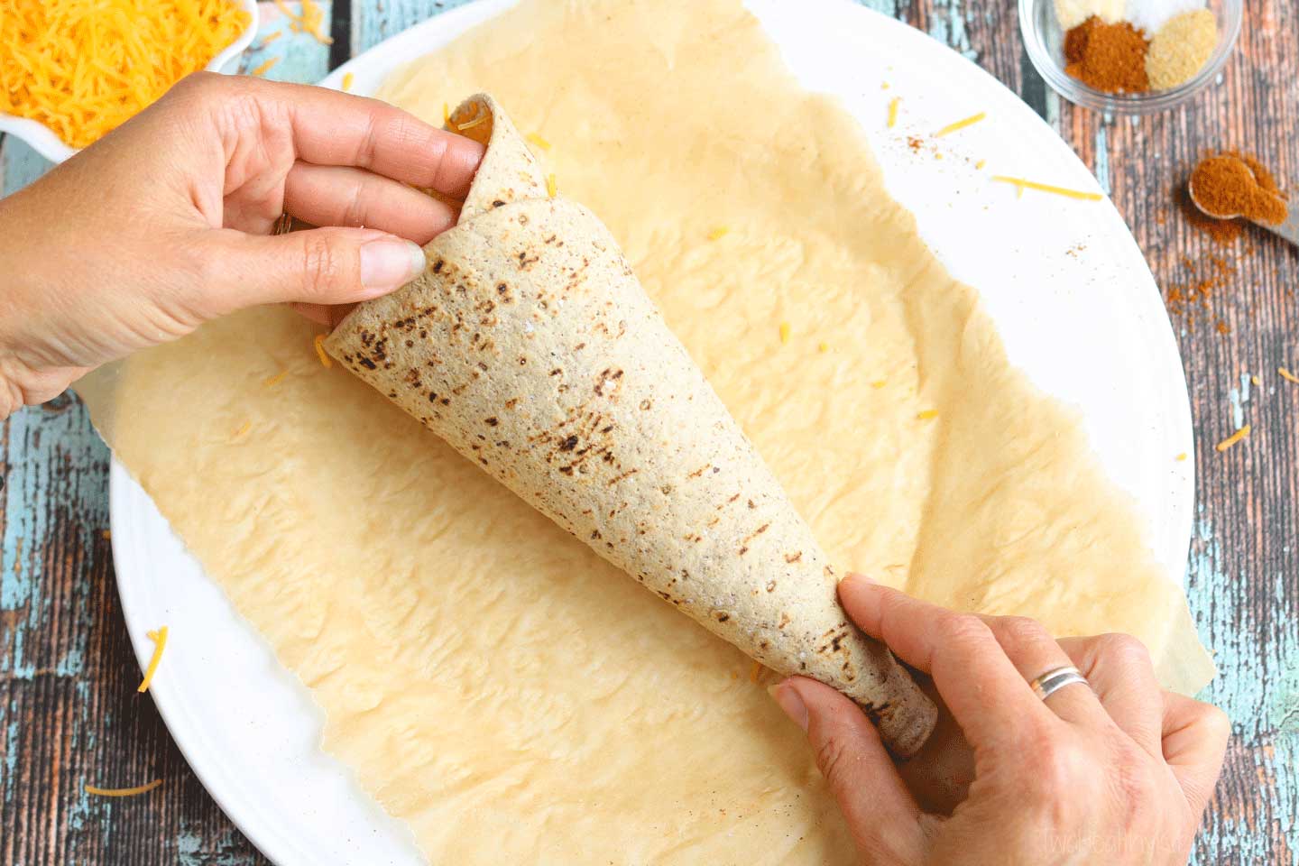 After you microwave the flatbread, roll it into a cone shape and press gently around the edges to seal.