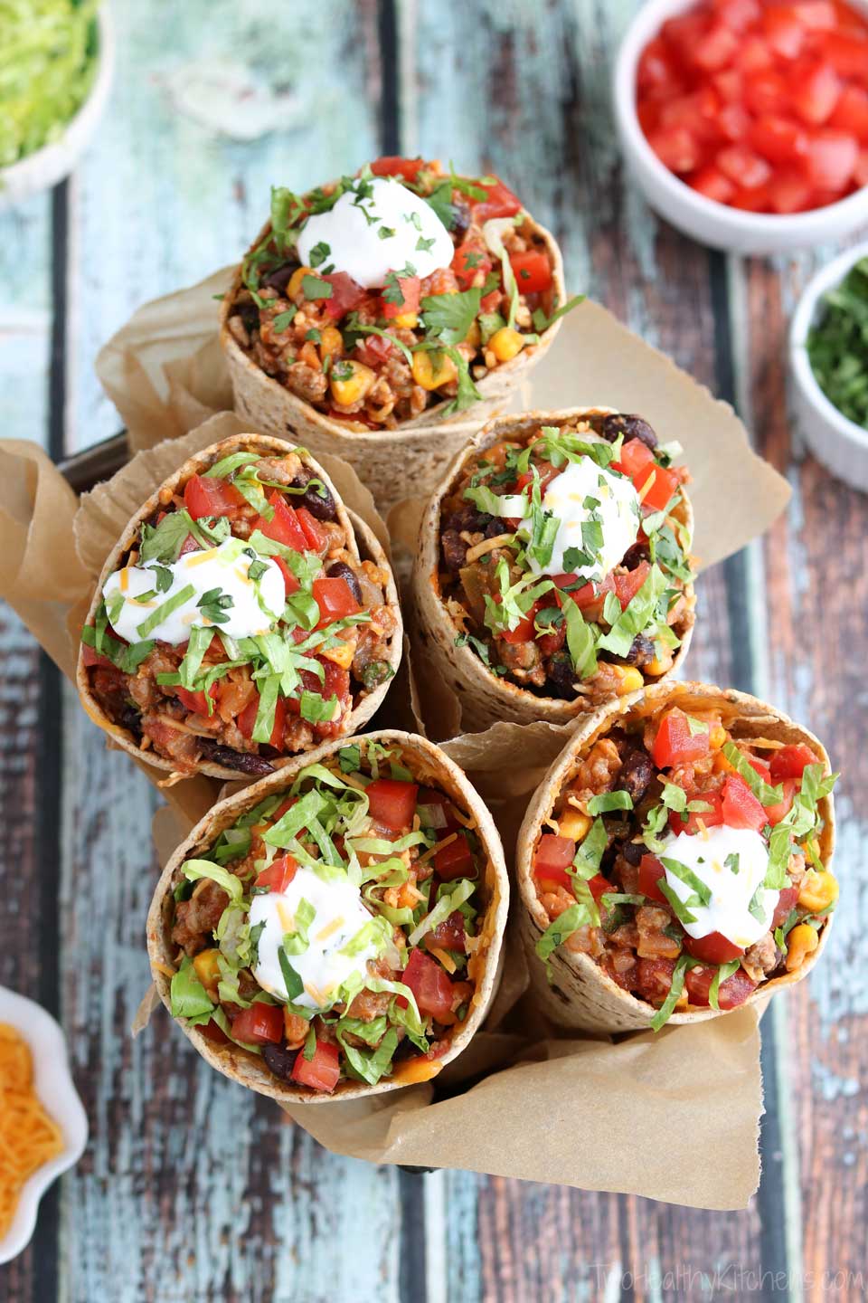 Ta-Cones are as fun as they sound … a fiesta taco party just waiting to happen! They’re great for “Taco Tuesday” dinner, but also for a crowd! You can make up a batch like these five and have them ready for party guests to grab, or you can let guests make their own at a DIY Taco Bar – so fun!