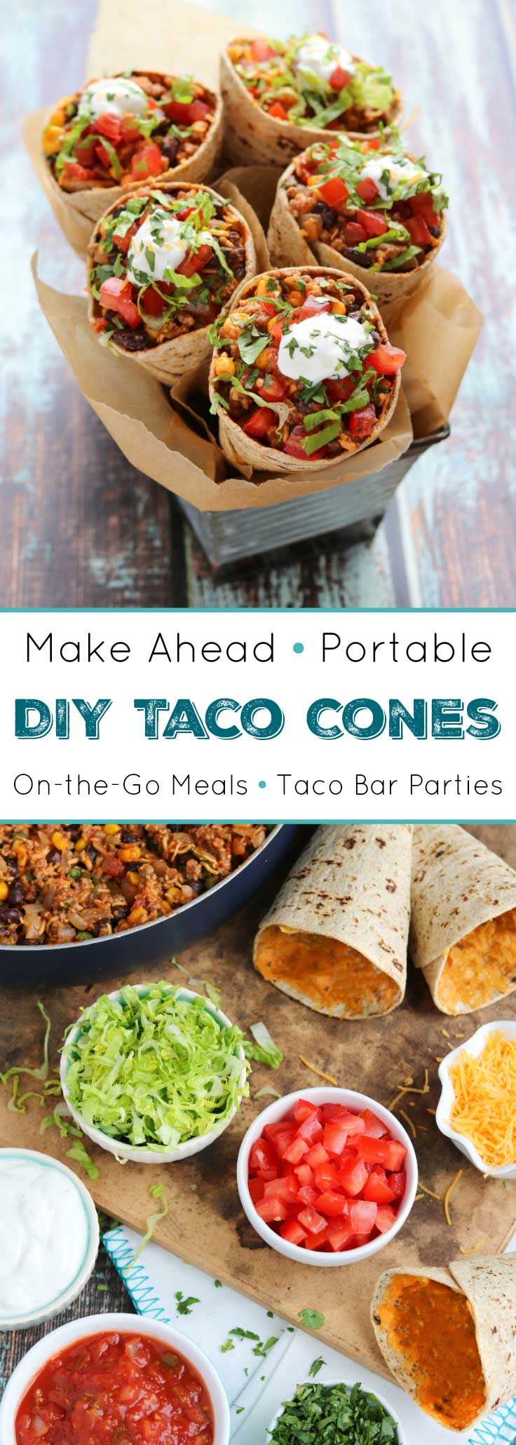 Fun, make-ahead, portable tacos! Great for on-the-go, busy weeknights! These Taco Cones are healthier than traditional Walking Tacos recipes and even more fun! Our DIY Ta-Cones are full of great taco flavor, but they’re totally portable! Plus, these healthy beef Taco Cones can be prepped ahead for a yummy, make-ahead taco recipe you can rewarm all week, whenever your family is ready to eat! Perfect for Taco Tuesday, and also for taco bar parties and tailgates! {ad} | www.TwoHealthyKitchens.com