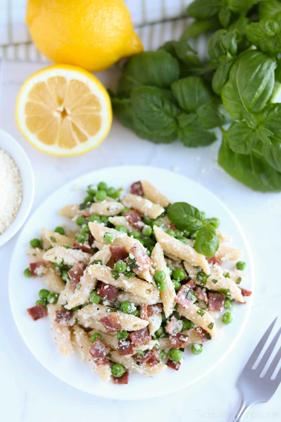 Trust me – your family will be asking you to make this Healthy Pasta with Peas and Bacon again and again! It’s a true family favorite!