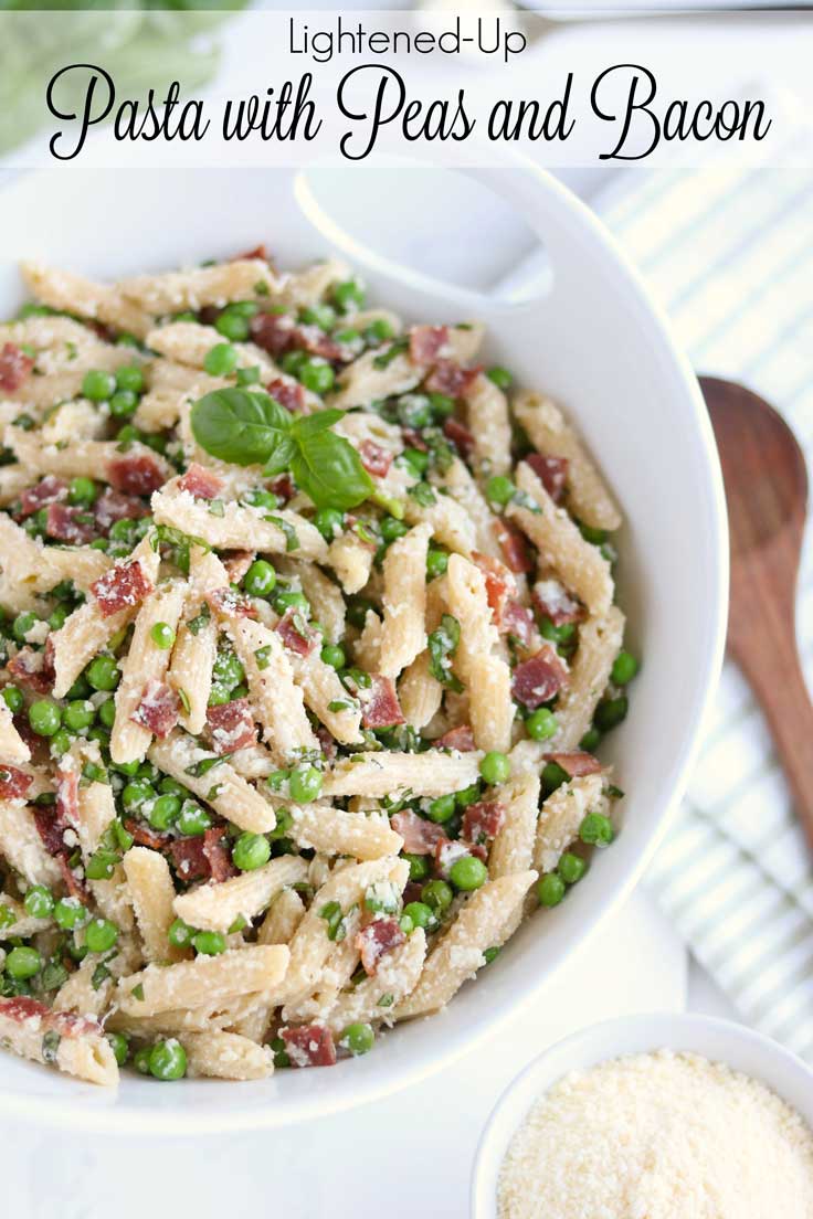 Quick and easy – ready in 20 minutes! This healthy Pasta with Peas and Bacon recipe is bursting with the flavors of smoky bacon, sweet baby peas, bright lemon, and rich parmesan cheese ... plus fresh basil and just a bit of garlic! This easy pasta recipe relies mainly on pantry and icebox staples, and can even be partially made ahead – it’s a true family favorite for busy nights! Pasta with bacon is a true classic – and you’ll love this healthier, delicious twist! | www.TwoHealthyKitchens.com