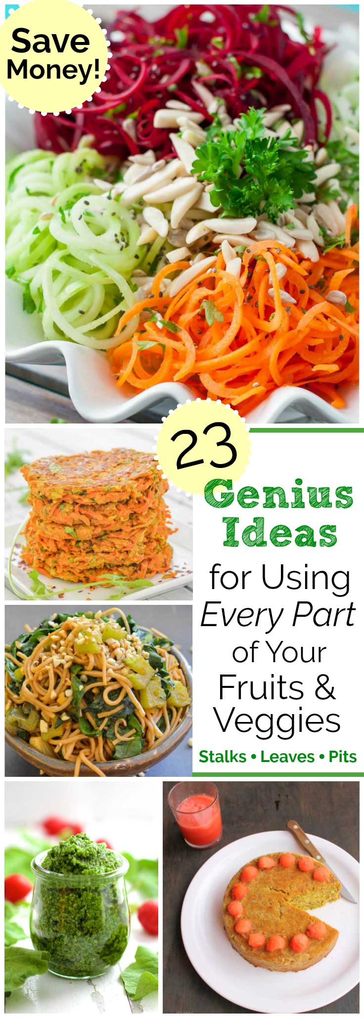 Fun, money-saving, thrifty recipes! Surprising ideas for using up every single part of your fruits and veggies – stalks, stems, peels, leaves … even pits! These ingenious recipes help you eat your vegetables and fruits – ALL of them! Save money on food bills and reduce food waste by using up vegetable stems, fruit and vegetable peels - so many things you would normally throw away! Creative, healthy, thrifty recipe ideas you’ll love trying! | www.TwoHealthyKitchens.com