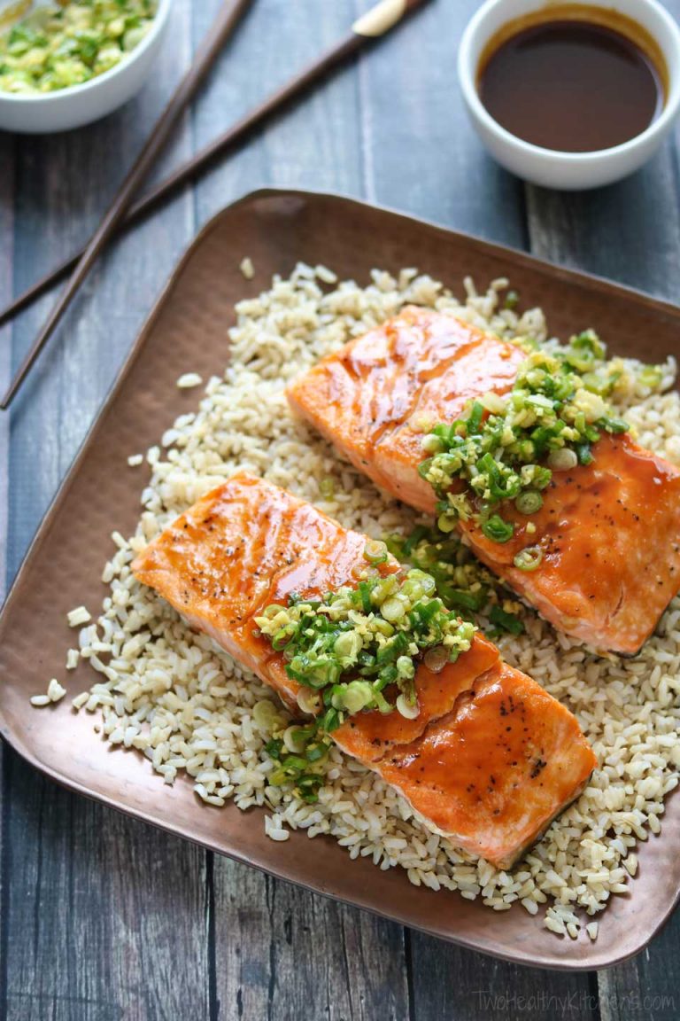 Red-Miso Salmon with Ginger-Scallion Sauce - Two Healthy Kitchens