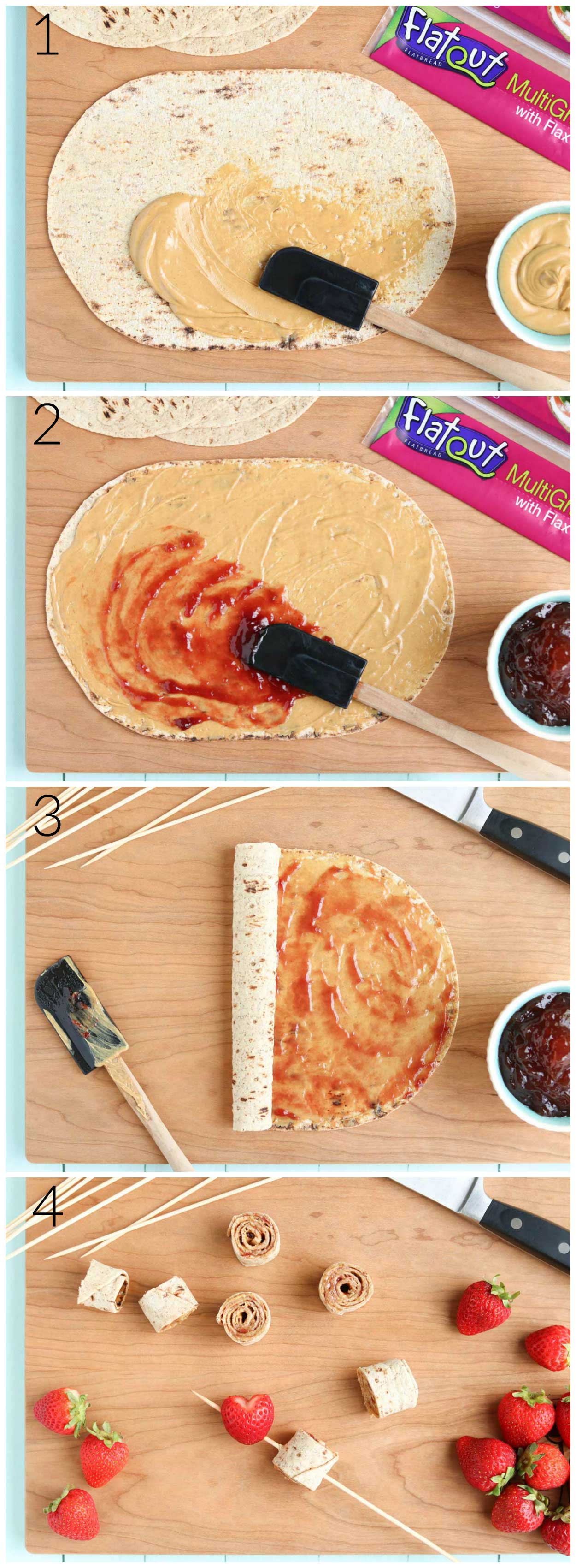 The steps for making these PB&J Pinwheel Sandwich Kabobs are quick and easy – a perfect fast solution for school lunches! After spreading a thin layer of peanut butter and then jelly, you simply roll up the sandwich wrap, cut it into pinwheels, and then thread the sandwich pinwheels onto a skewer along with fruit! Simple but so adorable!