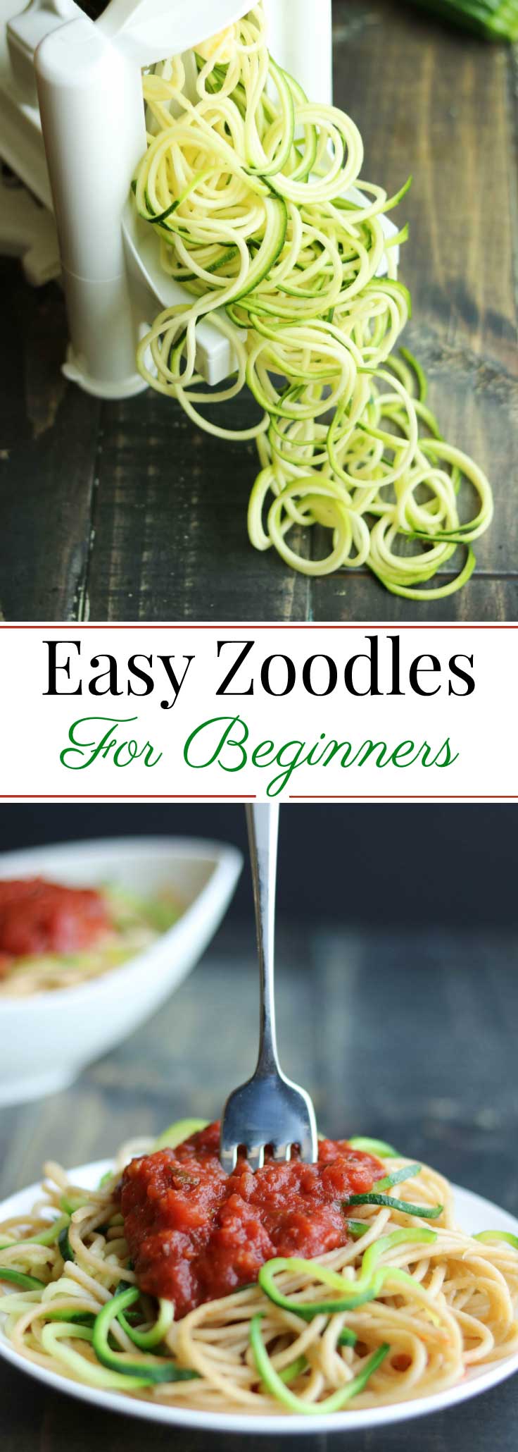 Want to try Zoodles? Here’s how to start! This super-easy basic Zoodles Recipe is the perfect way to ease your family into trying Zucchini Noodles. By mixing spiralized Zoodles and spaghetti, you reap benefits all around … reduced calories and great vitamins from the zucchini noodles, plus all the fiber and whole-grain goodness of whole wheat spaghetti. Spiralizer recipes are a fun, creative way to eat more veggies … and this easy Zoodle Recipe is a great first step! | www.TwoHealthyKitchens.com