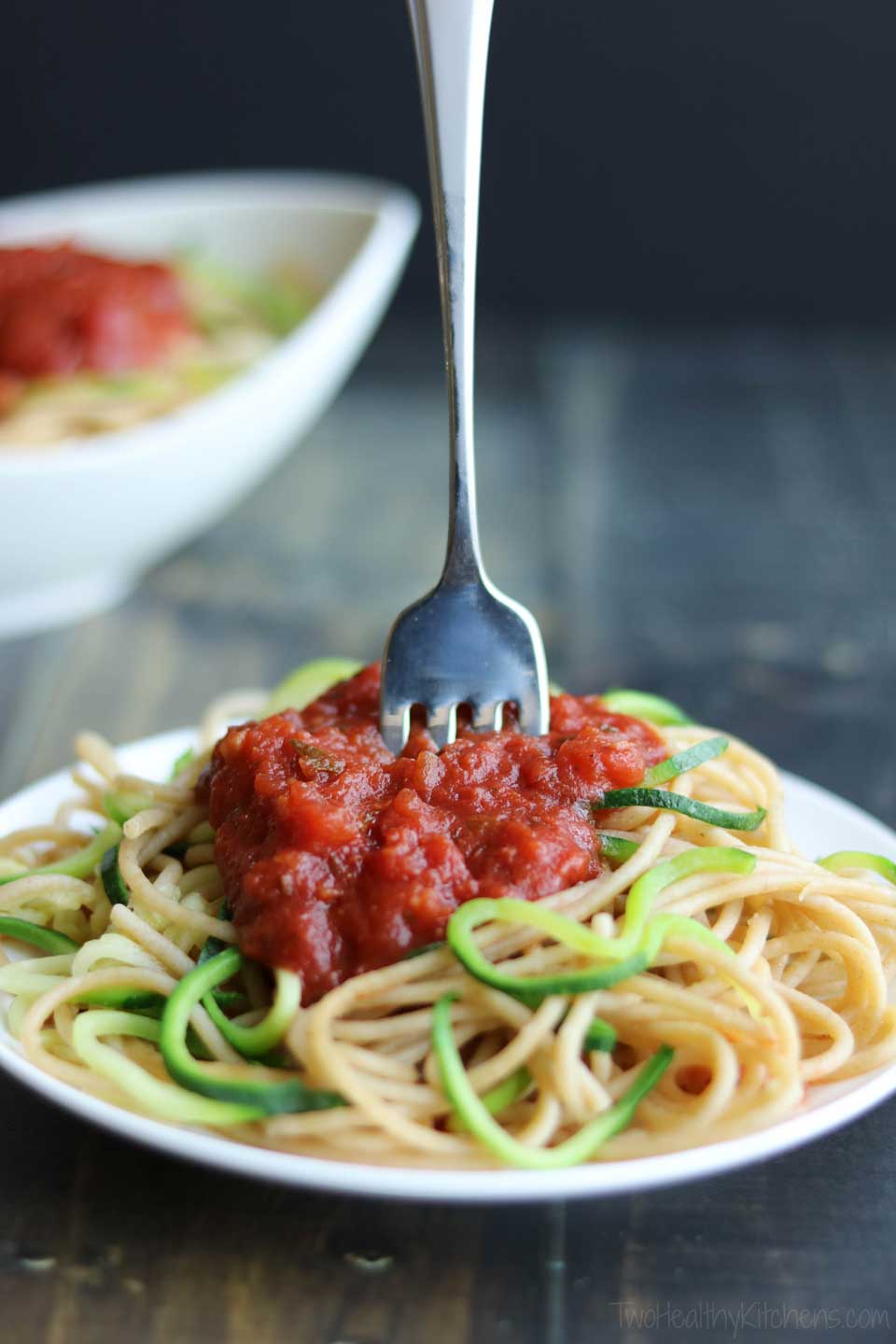 An easy way to try zucchini noodles is to mix them in with your favorite whole wheat spaghetti!