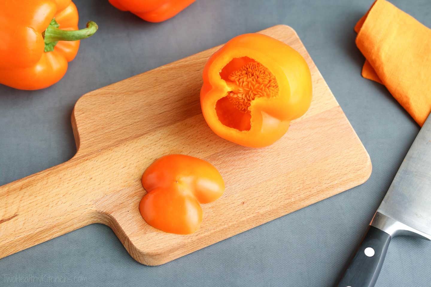 If your pepper is the right shape, all you have to do to form the body of your Spooky Spider, is simply cut the bottom off the bell pepper!