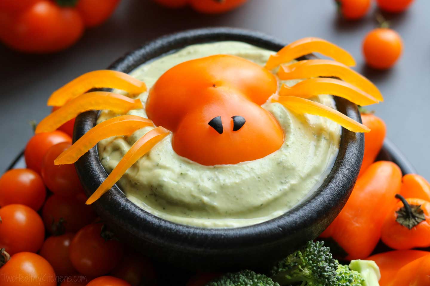 Cut from just one bell pepper, this Spooky Spider only takes about 5 minutes to make, and can even be made ahead of time!
