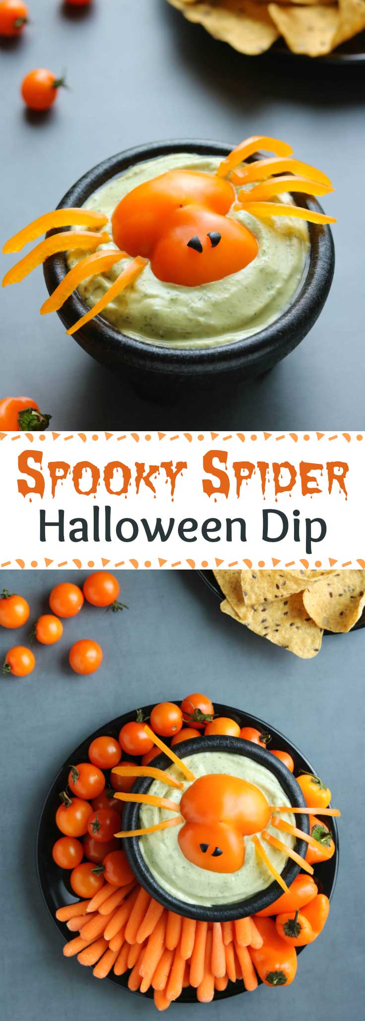 Quick and easy Halloween idea! A total hit at Halloween parties, on appetizer buffets, or even as a fun after-school snack before trick-or-treating! This adorable “Spooky Spider” Halloween Appetizer Dip idea works with practically any dip – from ranch dip to other vegetable dips, even hummus or a 7-layer dip. Darling for Halloween vegetable trays, it makes a great Halloween centerpiece! Bonus: this Halloween Dip recipe idea is a HEALTHY Halloween recipe, too! | www.TwoHealthyKitchens.com
