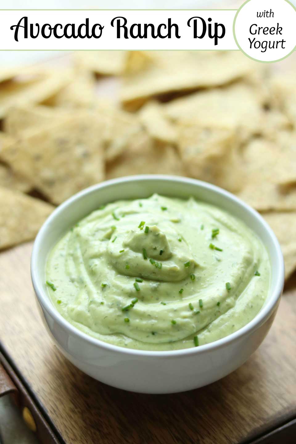 closeup photo of the dip, with text overlay reading "Avocado Ranch Dip with Greek Yogurt"