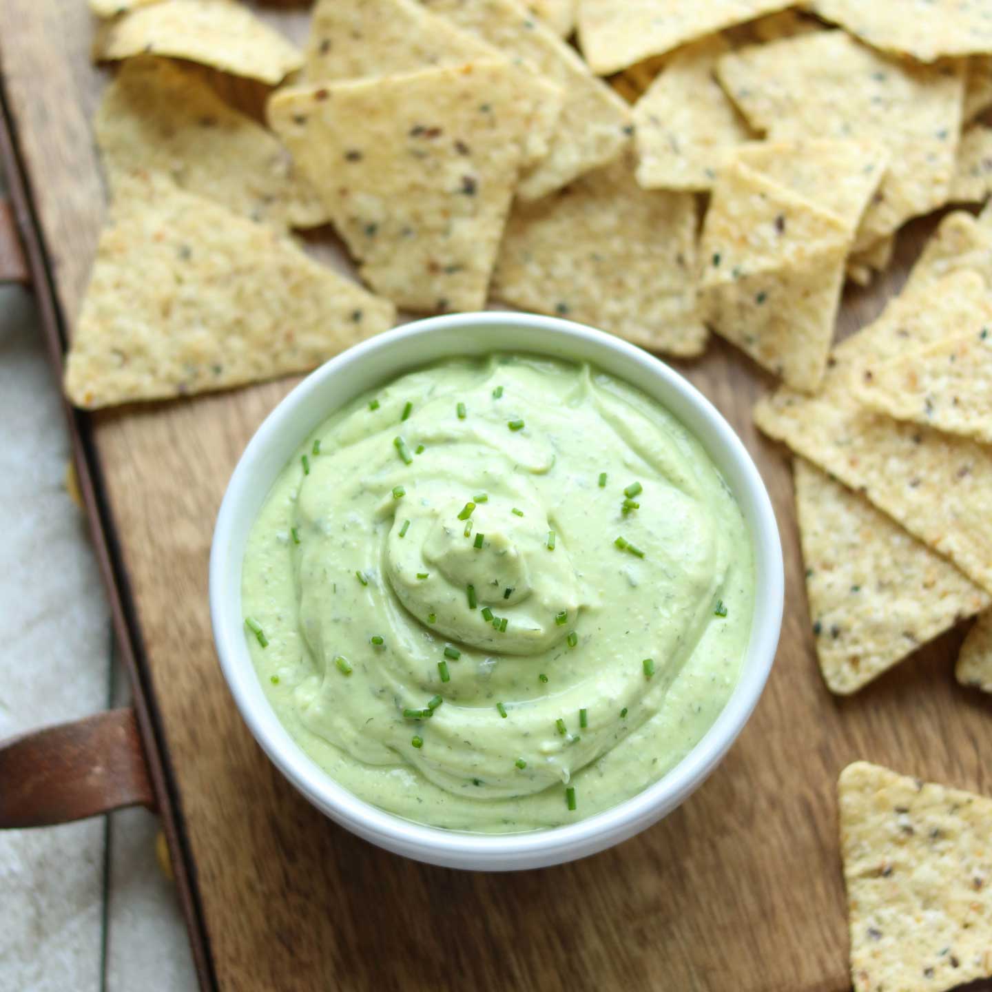 overhead photo of dip with tortilla chips