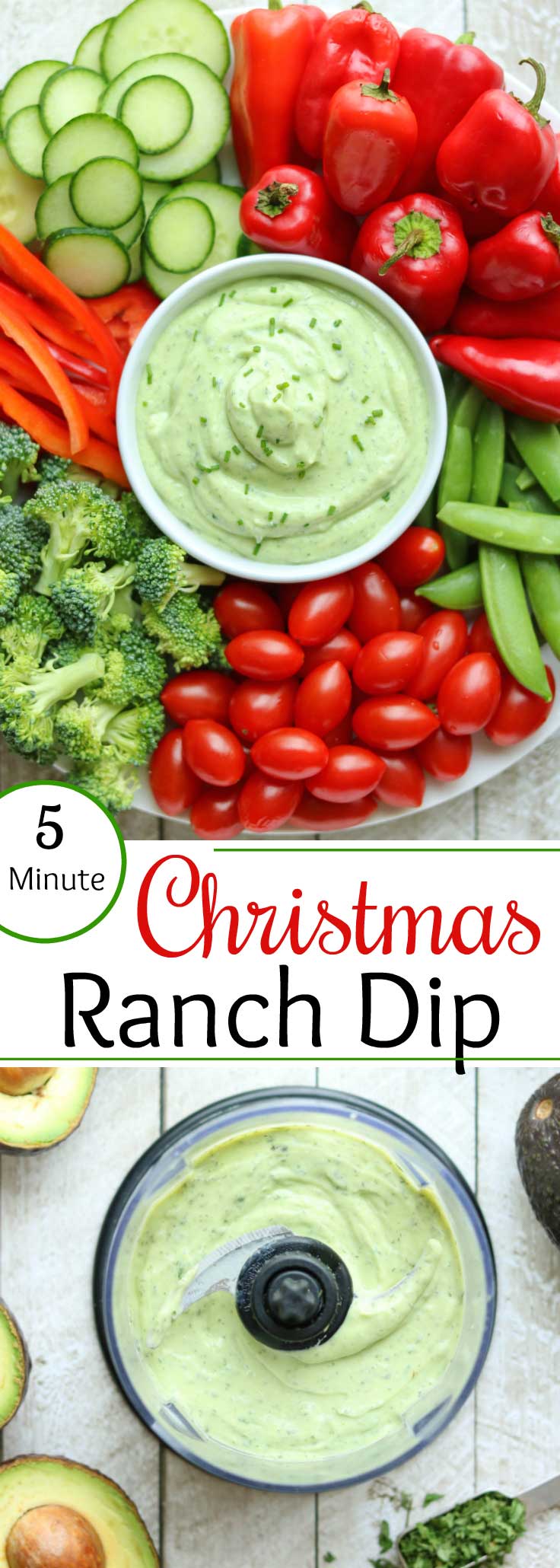 collage of two photos showing how to make this recipe as a Christmas appetizer dip with red and green veggies