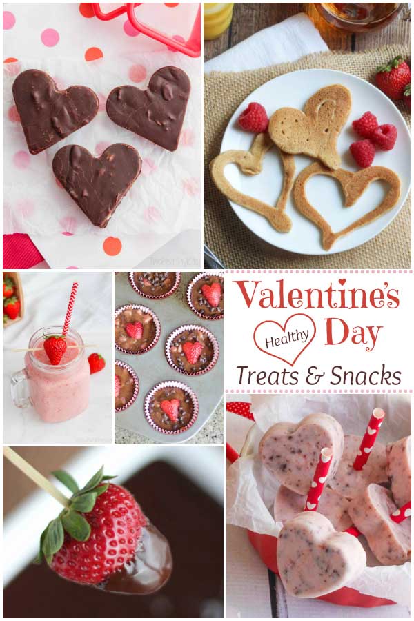 collage of 6 recipe photos with stylized text that reads "Healthy Valentine's Day Treats & Snacks"