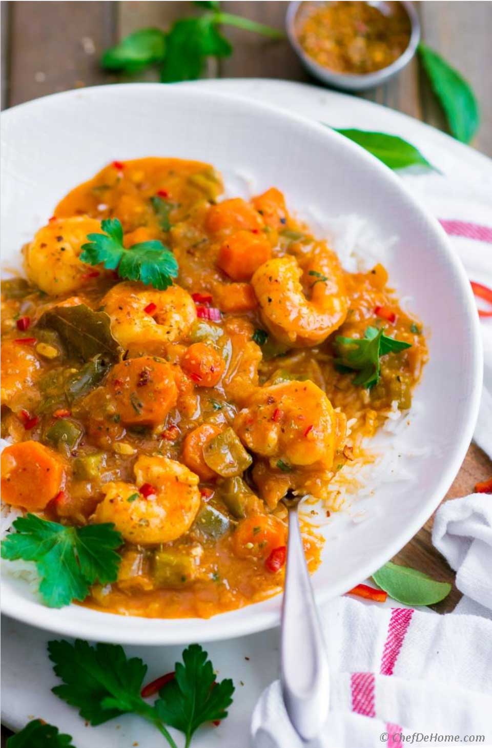 Gorgeous, flavor-packed, and a nutritious alternative to beef stews! This Shrimp Etouffee from Savita at Chef de Home is heart-healthy comfort food you can feel good about serving! Be sure to check out all our electric pressure cooker stew recipes and tips!